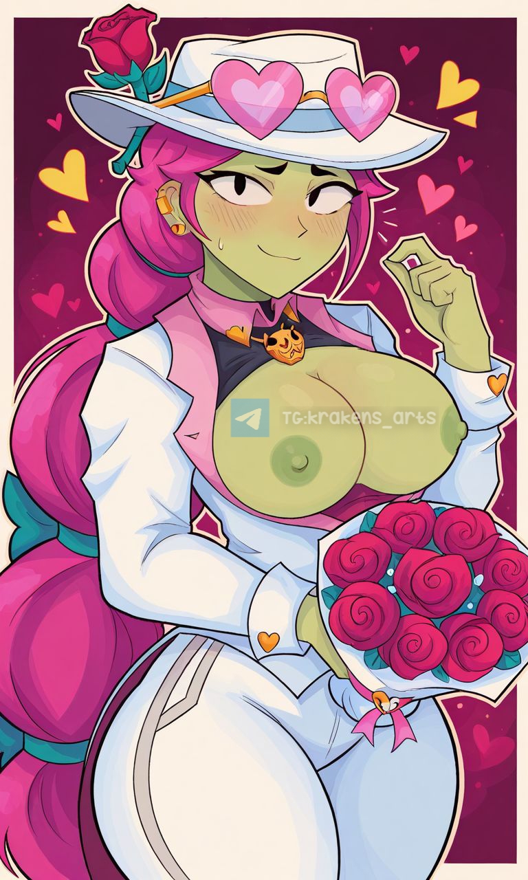 ai generated, alli (brawl stars), baddie alli (brawl stars), big breasts, blush, bouquet of flowers, brawl stars, green skin, krakens arts, nipples, pink hair, smile, watermark, white hat, white jacket, white pants