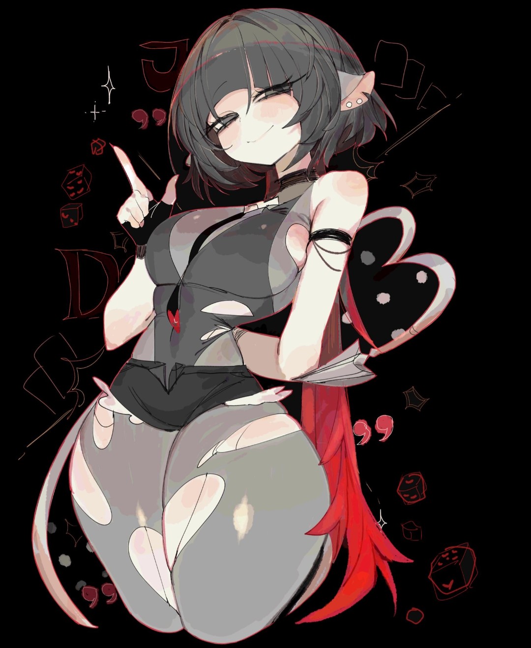 1girls, adult, anime, armband, bat wings, black background, black hair, bob cut, bodysuit, choker, closed eyes, confident, contrast, cute, dark, demon, digital art, edgy, female, gloves, gothic, heart tail, humanoid, illustration, jane doe (zenless zone zero), leotard, lineart, mischievous, pale skin, pantyhose, playful, pointy ears, rat ears, rat girl, red highlights, red theme, revealing outfit, shading, short hair, smile, solo, stylized, tagme, tail, tight clothing, torn pantyhose, usa37107692, wings, zenless zone zero