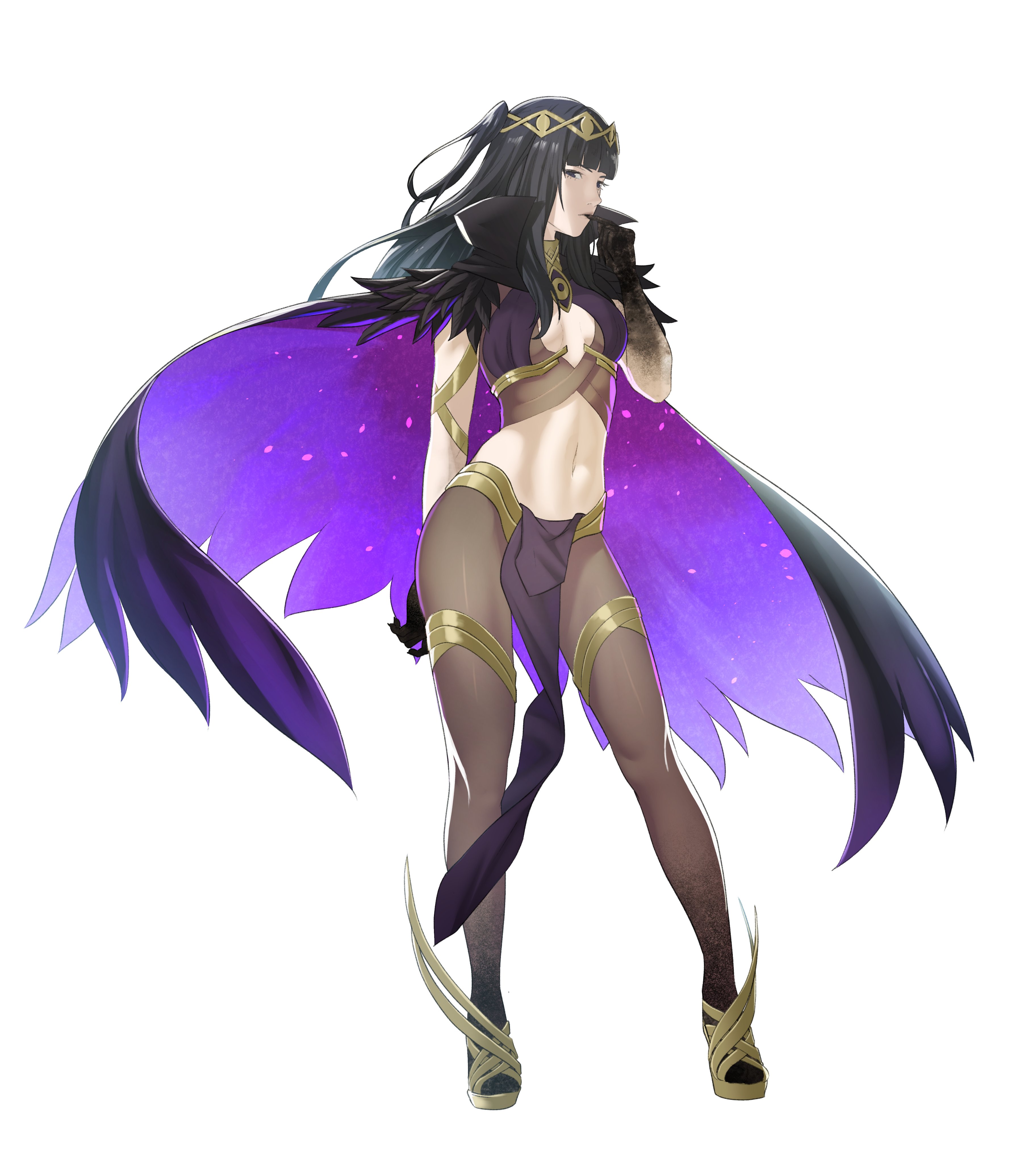 1girls, absurdres, alternate costume, bangs, bare arms, bare midriff, black eyes, black hair, blunt bangs, breasts, cape, female, female only, finger in own mouth, fire emblem, fire emblem awakening, full body, gloves, high heel sandals, high heels, highres, long hair, looking at viewer, midriff, navel, nintendo, open-toe shoes, pantyhose, pelvic curtain, pomelomelon, sandals, small breasts, solo, standing, tharja (fire emblem), white background