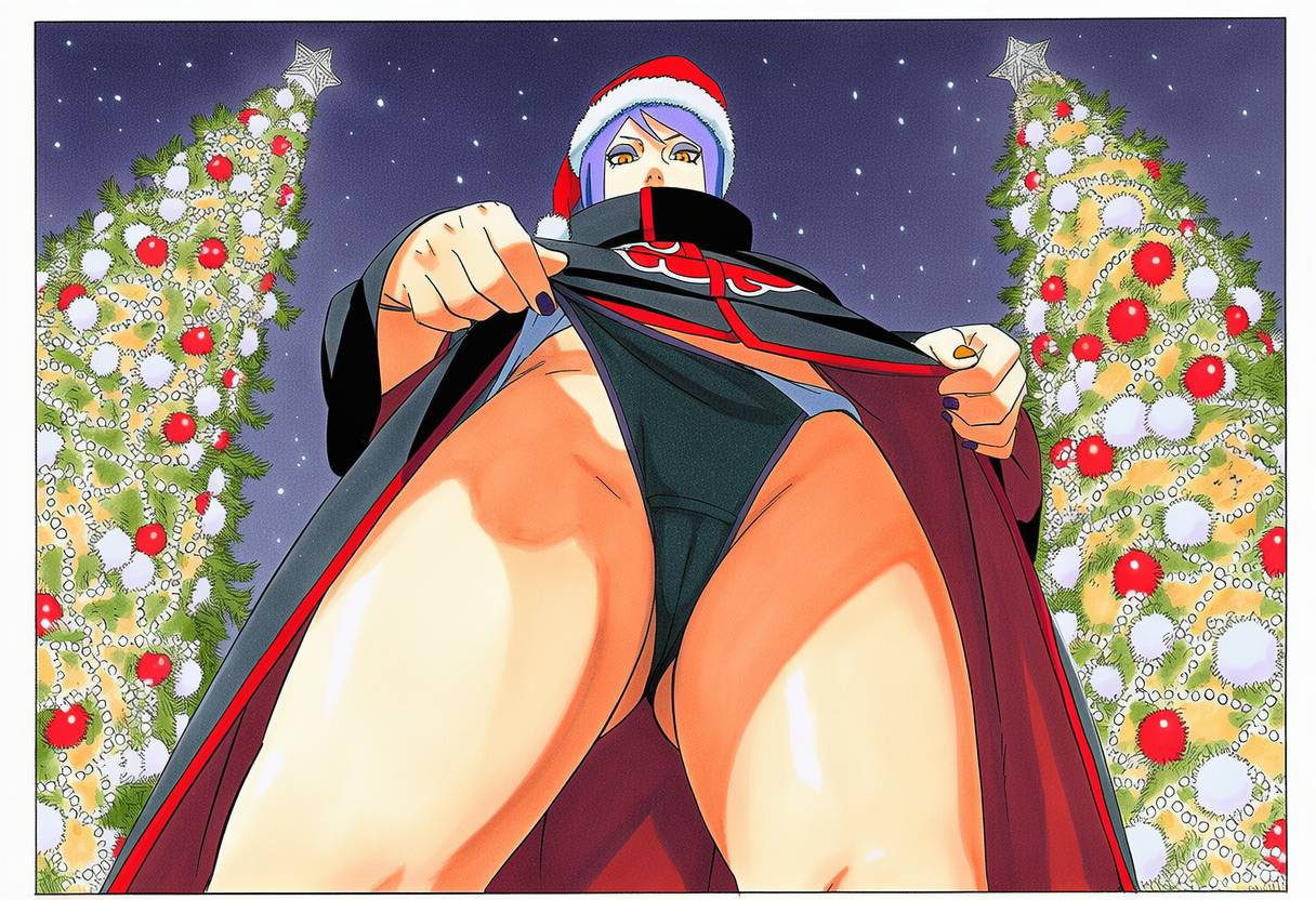 1girls, accurate art style, accurate body type, accurate proportions, ai generated, akatsuki (naruto), alternate costume, blue hair, christmas, clothing, clothing lift, coat, female, female focus, female only, gnomro, happy new year, high collar, holidays, konan, lifted by self, lingerie, lingerie panties, looking at viewer, looking down, manga, manga style, nail polish, naruto, naruto (series), naruto shippuden, new year, outdoors, panties, pantyshot, presenting, santa hat, solo, under skirt, viewed from below