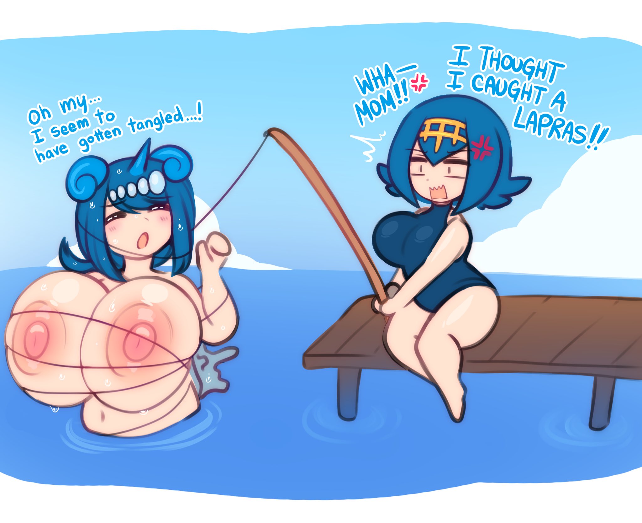 2025, 2girls, alternate breast size, barefoot, big breasts, blue hair, cute, female only, full body, huge breasts, kissurai, lana (pokemon), lana's mother (pokemon), lapras (cosplay), large breasts, milf, nipples, nude, nude female, pokemon, raikissu, tagme