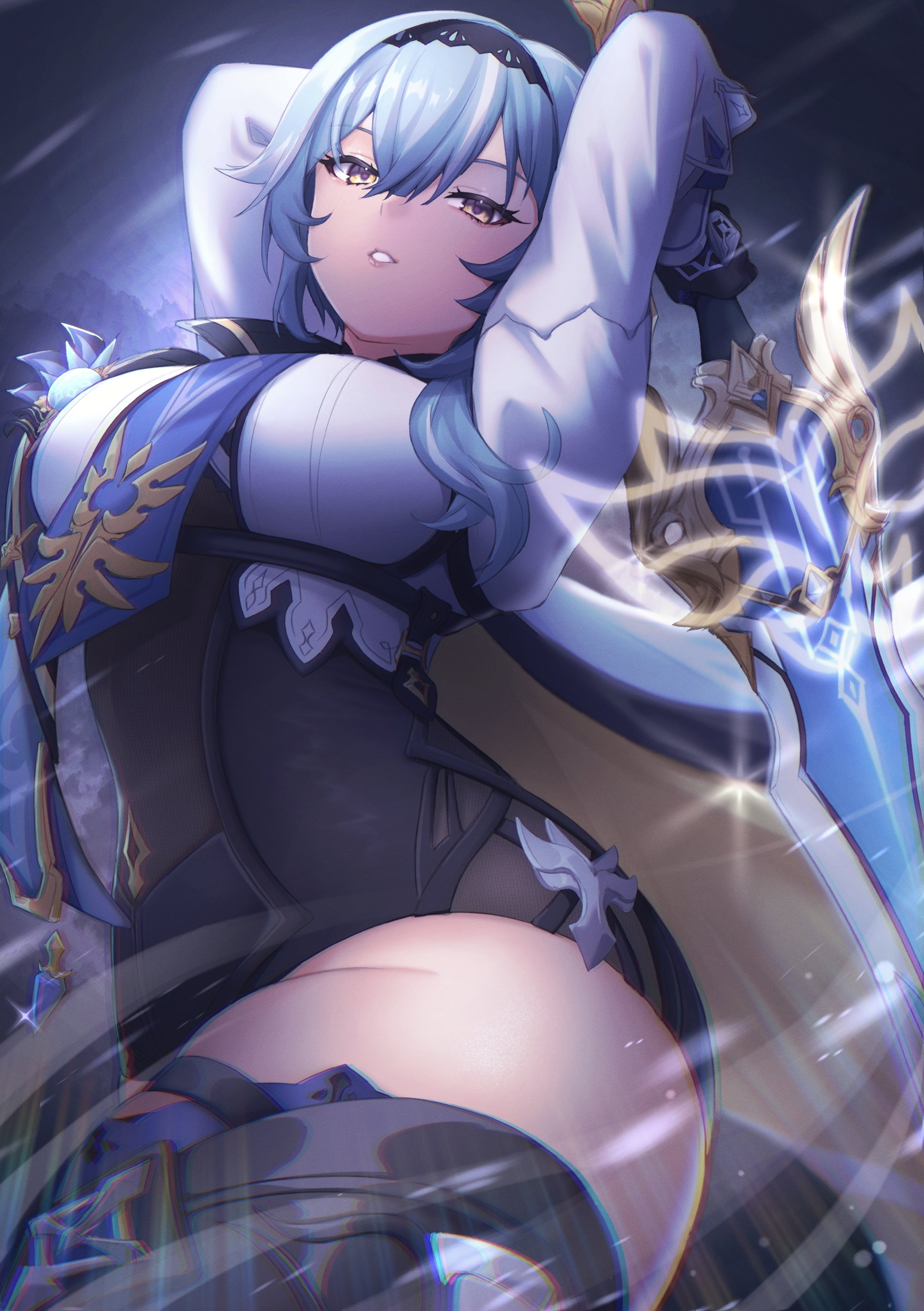 absurdres, arms up, black gloves, black hairband, black shorts, black thighhighs, blue hair, blue necktie, breasts, brown eyes, commentary request, eula (genshin impact), female, female only, genshin impact, gloves, hairband, high-waist shorts, highres, holding, holding sword, holding weapon, kirima (kirim ld 0617), kirima (user danf8787), large breasts, long hair, long sleeves, looking at viewer, necktie, parted lips, shirt, shorts, solo, song of broken pines (genshin impact), standing, sword, thick thighs, thighhighs, thighs, weapon, white shirt