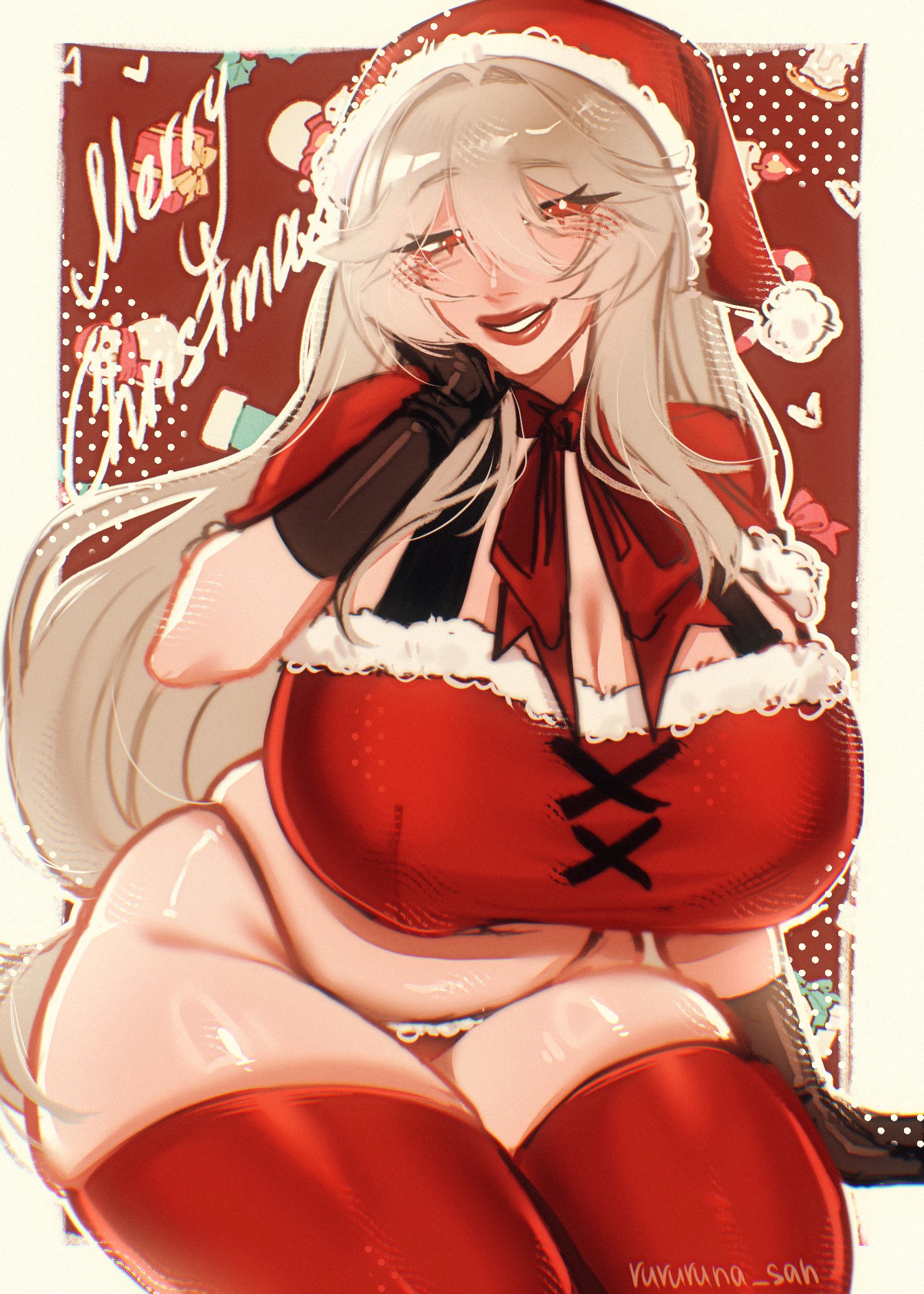 1girls, alexandrina sebastiane, ass, breasts, christmas, female, female focus, female only, large breasts, light skin, light-skinned female, rururuna san, solo, thick thighs, thighhighs, thighs, white background, wide hips, zenless zone zero
