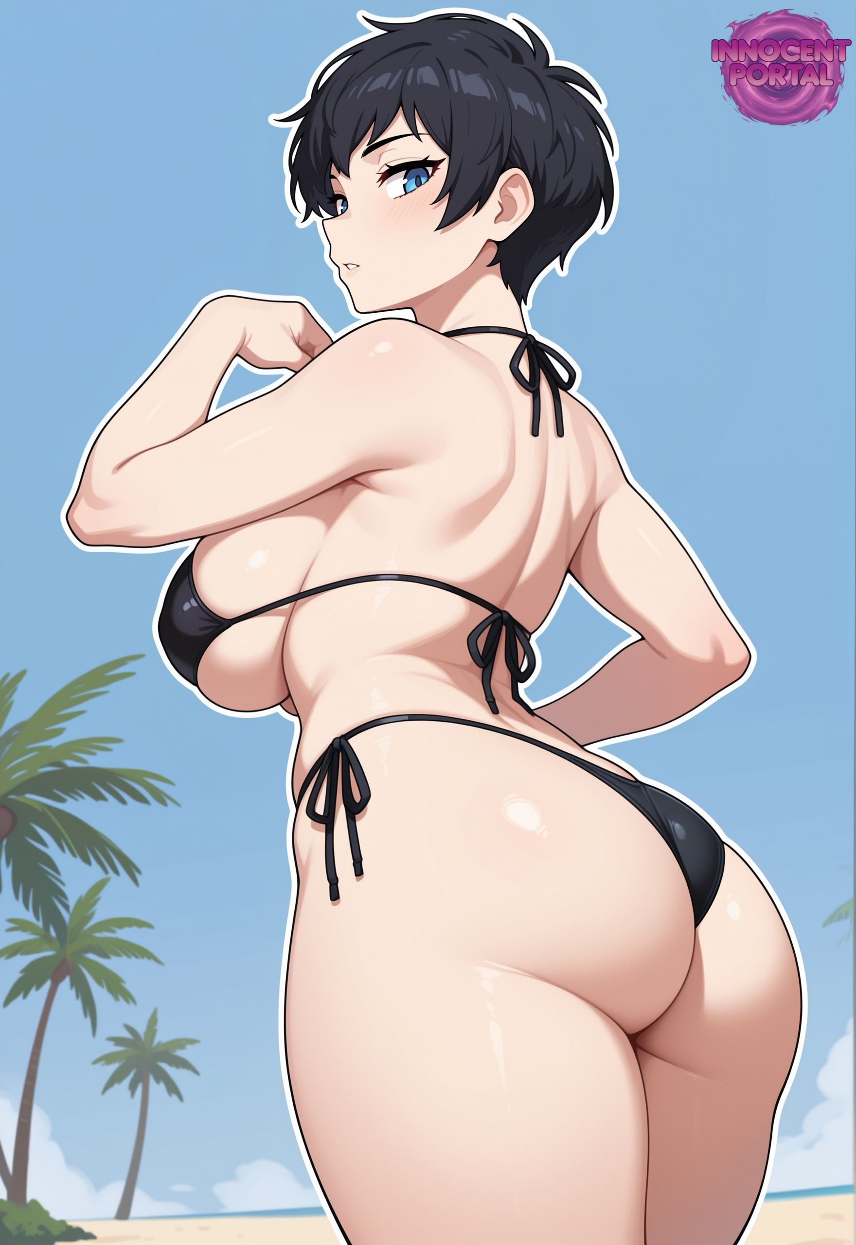 ai generated, ass, beach, big breasts, bikini, black bikini, black hair, blue eyes, blue sky, breasts, busty, busty female, female, female focus, female only, jorgecarlosai, looking at viewer, looking back, mature, mature female, mature woman, milf, mommy, pale skin, pale-skinned female, palm tree, posing, rear view, sand, sexy, sexy body, sexy pose, short hair, side view, side-tie bikini, sideboob, thighs, tomboy, tomboy milf, tomboyish, toned, water, watermark
