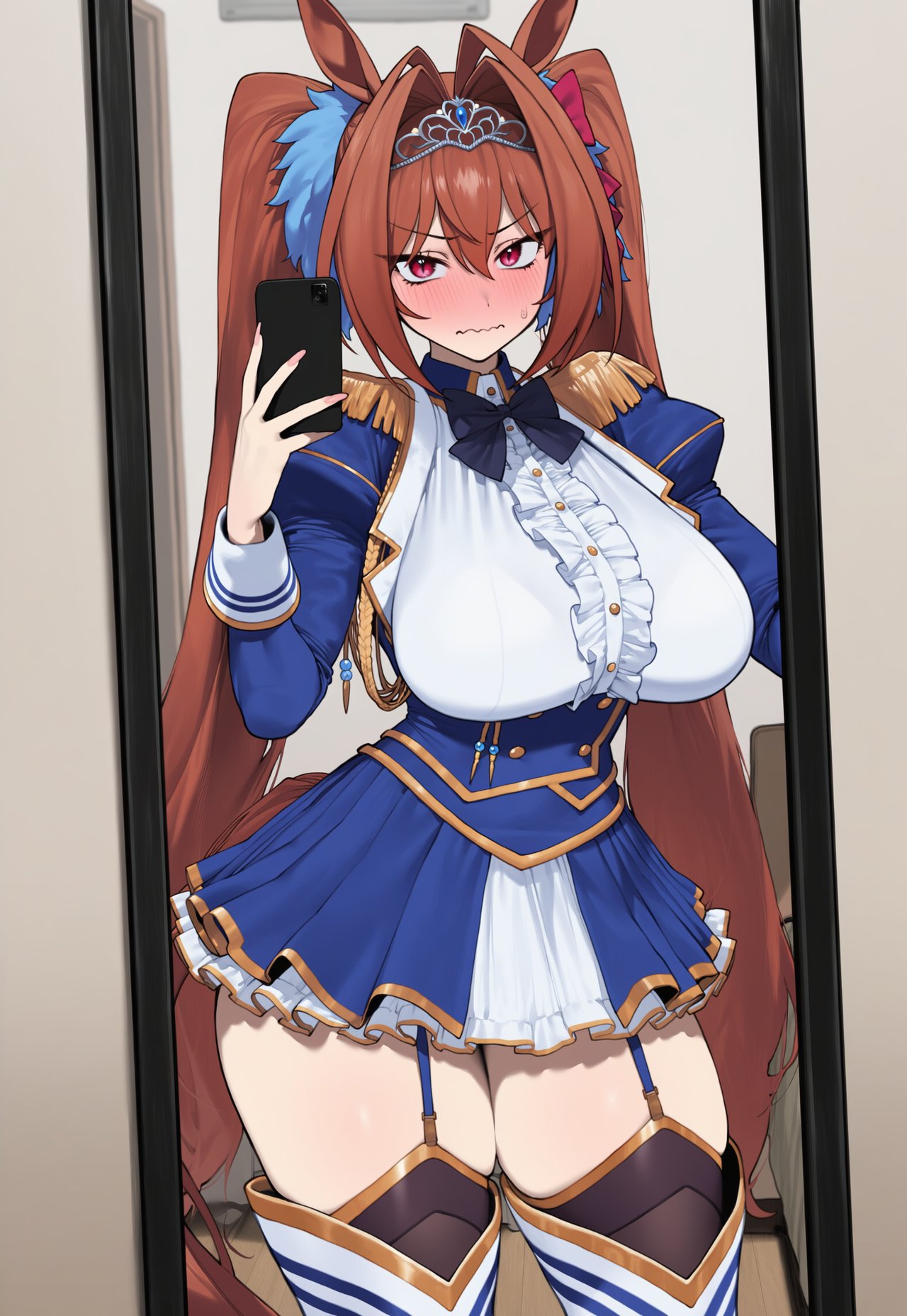 1girls, ai generated, blush, breasts, cellphone, daiwa scarlet (umamusume), dress, embarrassed, female, hips, horse, horse ears, horse girl, horse tail, huge breasts, light skin, light-skinned female, long hair, selfie, selfpic, sweat, sweatdrop, thick thighs, thighs, tiara, tracen school uniform, truck kun, truck-kun art, tsundere, twintails, umamusume, umamusume pretty derby, uniform, wide hips