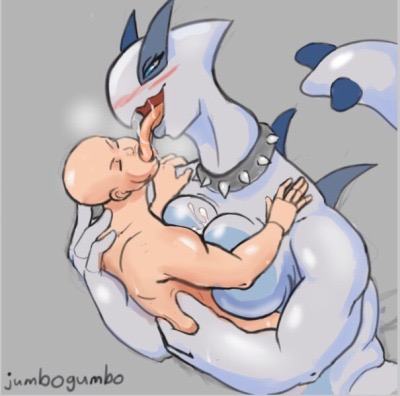 1boy, 1girls, anthro, avian, back, bald, big hands, big tail, big tongue, blue eyes, blue skin, blush, breasts, closed eyes, collar, cum, cum on breasts, drooling, extreme french kiss, eyelashes, female, french kiss, grey background, hand on back, heavy breathing, hetero, holding, hug, huge breasts, human, interspecies, jumbogumbo, kissing, large breasts, long neck, looking down, lugia, male, muscular, muscular female, nintendo, nude, open mouth, oral, paizuri, paizuri hug, pokemon, pokemon (species), pokemon gsc, pokephilia, saliva, size difference, spikes, standing, straight, tail, text, tongue, tongue out, tongue sucking, watermark, white skin
