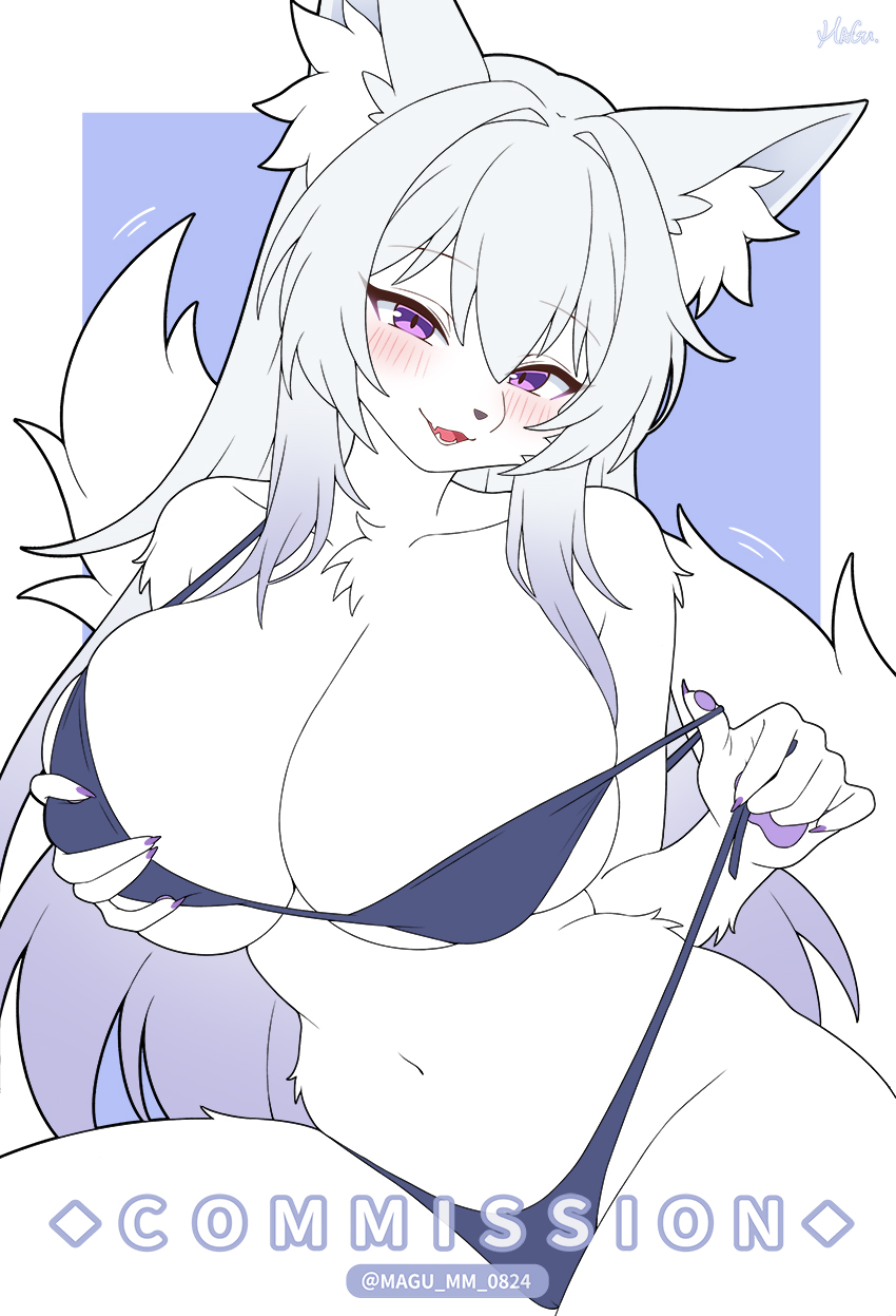 2025, bikini, blush, breasts, female, female only, flat colors, fox, fox ears, fox girl, furry, furry female, furry only, magu mm 0824, purple eyes, tagme, white body, white fur, white hair