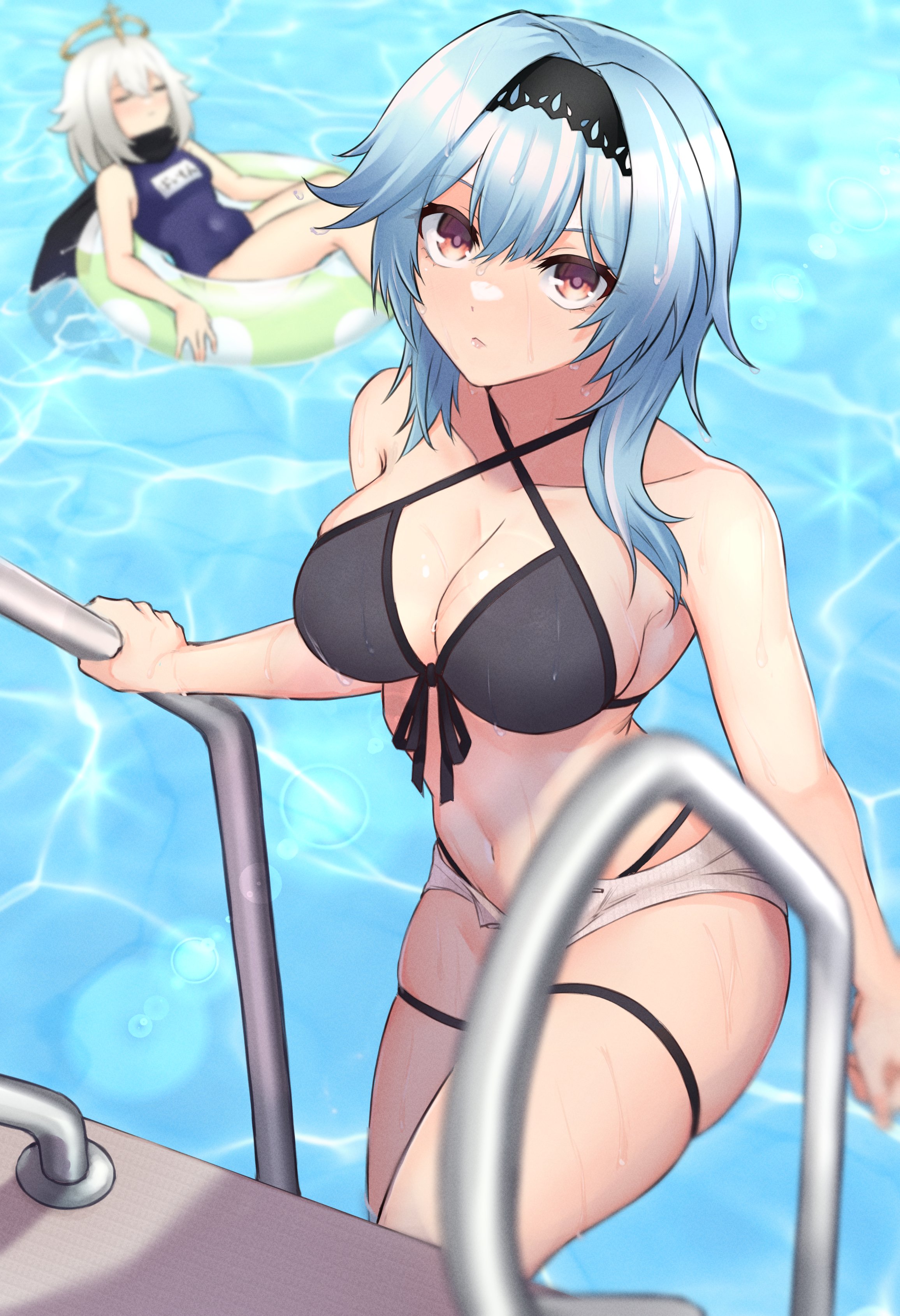2girls, absurdres, alternate costume, bikini, black bikini, black hairband, blue hair, blue one-piece swimsuit, blurry, blurry background, breasts, cleavage, closed eyes, closed mouth, collarbone, commentary request, covered navel, eula (genshin impact), female, female only, genshin impact, hair between eyes, hairband, highres, innertube, kirima (kirim ld 0617), kirima (user danf8787), large breasts, looking at viewer, medium hair, multiple girls, navel, one-piece swimsuit, paimon (genshin impact), pool, purple eyes, short shorts, shorts, swim ring, swimsuit, thighs, water, wet, white hair, white shorts
