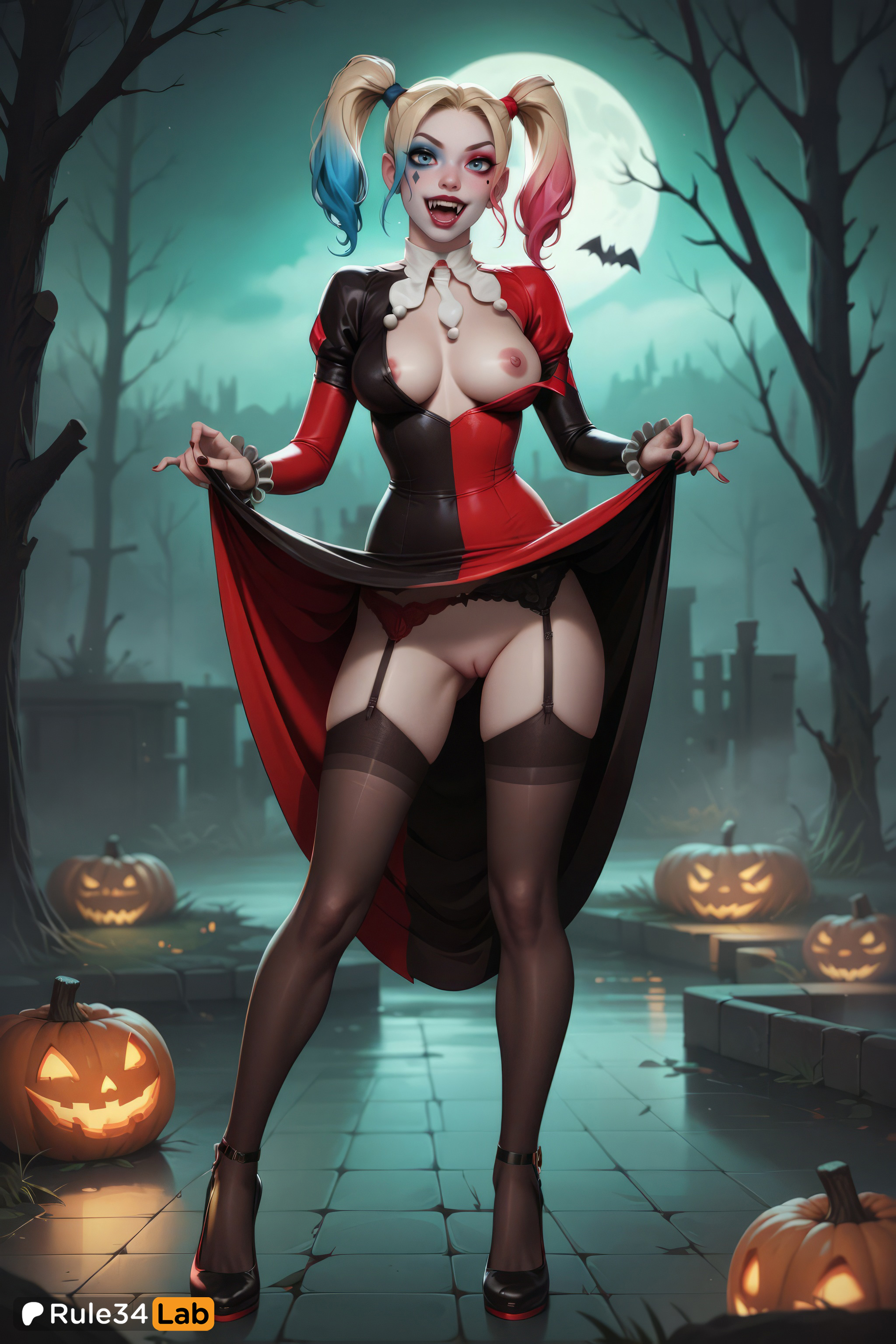 1girls, ai generated, alternate legwear, artist name, bat (animal), black footwear, black nails, black thighhighs, blonde hair, blue eyes, blue hair, breasts, breasts out, clothes lift, dc, dc comics, dress, dress lift, eyeliner, eyeshadow, fangs, female, female only, fingernails, flashing, full body, full moon, garter belt, gradient hair, graveyard, halloween, halloween costume, harley quinn, harley quinn (series), hi res, high heels, jack-o'-lantern, jewelry, juliet sleeves, lifted by self, lips, lipstick, long sleeves, looking at viewer, makeup, mascara, medium breasts, moon, multicolored clothes, multicolored hair, nail polish, night, night sky, nipples, no bra, no panties, nose, one breast out, open mouth, outdoors, patreon username, pink hair, puffy sleeves, pumpkin, pussy, red lips, red nails, rule34lab, runny makeup, signature, sky, smile, solo, standing, teeth, thighhighs, tombstone, tree, twintails, uncensored, underwear, vampire, web address