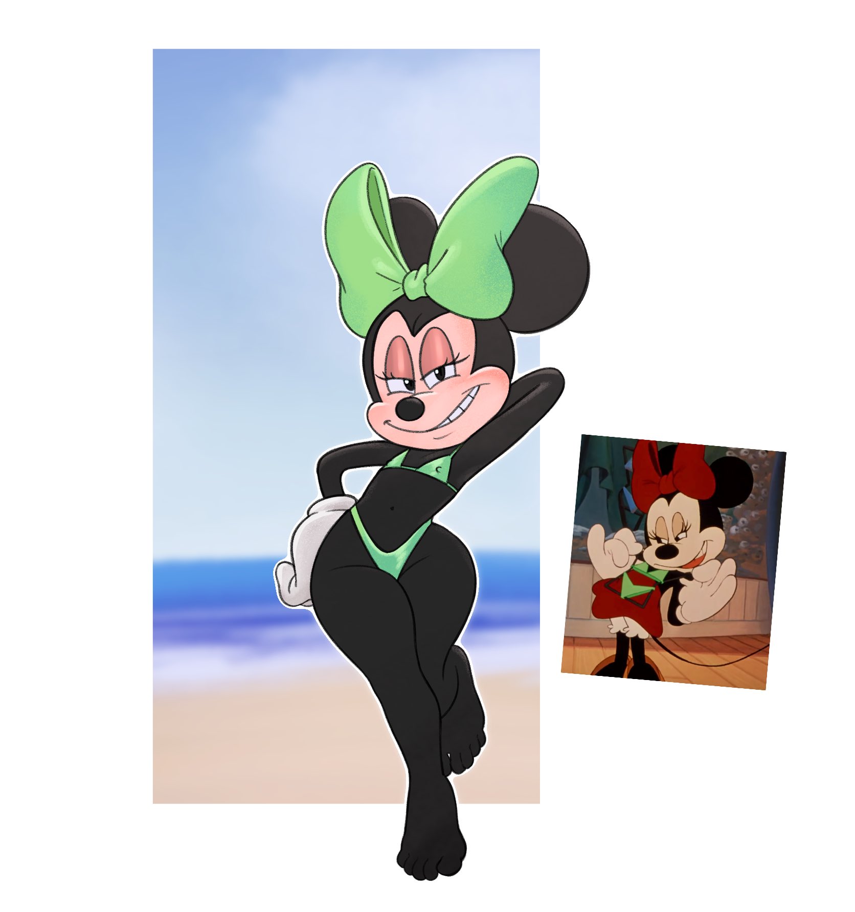 almost naked, anthro, anthro female, beach, bikini, black body, bow, disney, flat chest, gloves, green bow, grin, looking at viewer, minnie mouse, mouse, mouse girl, nipple bulge, nipples visible through clothing, ocean, palegarbo, partially clothed, pose, posing, sand, semi nude, water, white gloves