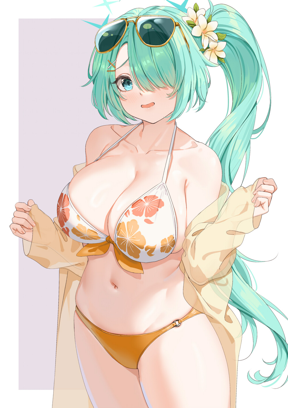 1girls, aqua eyes, bare shoulders, bikini, blue archive, blush, breasts, cleavage, collarbone, commentary request, eyewear on head, fangxiang cuoluan, female, female only, floral print, front-tie bikini top, front-tie top, green hair, hair ornament, hair over one eye, hairclip, hands up, highres, hiyori (blue archive), hiyori (swimsuit) (blue archive), large breasts, long hair, long sleeves, navel, off shoulder, official alternate costume, one eye covered, open mouth, orange bikini, paid reward available, ponytail, sideboob, simple background, smile, solo, stomach, sunglasses, swimsuit, thighs