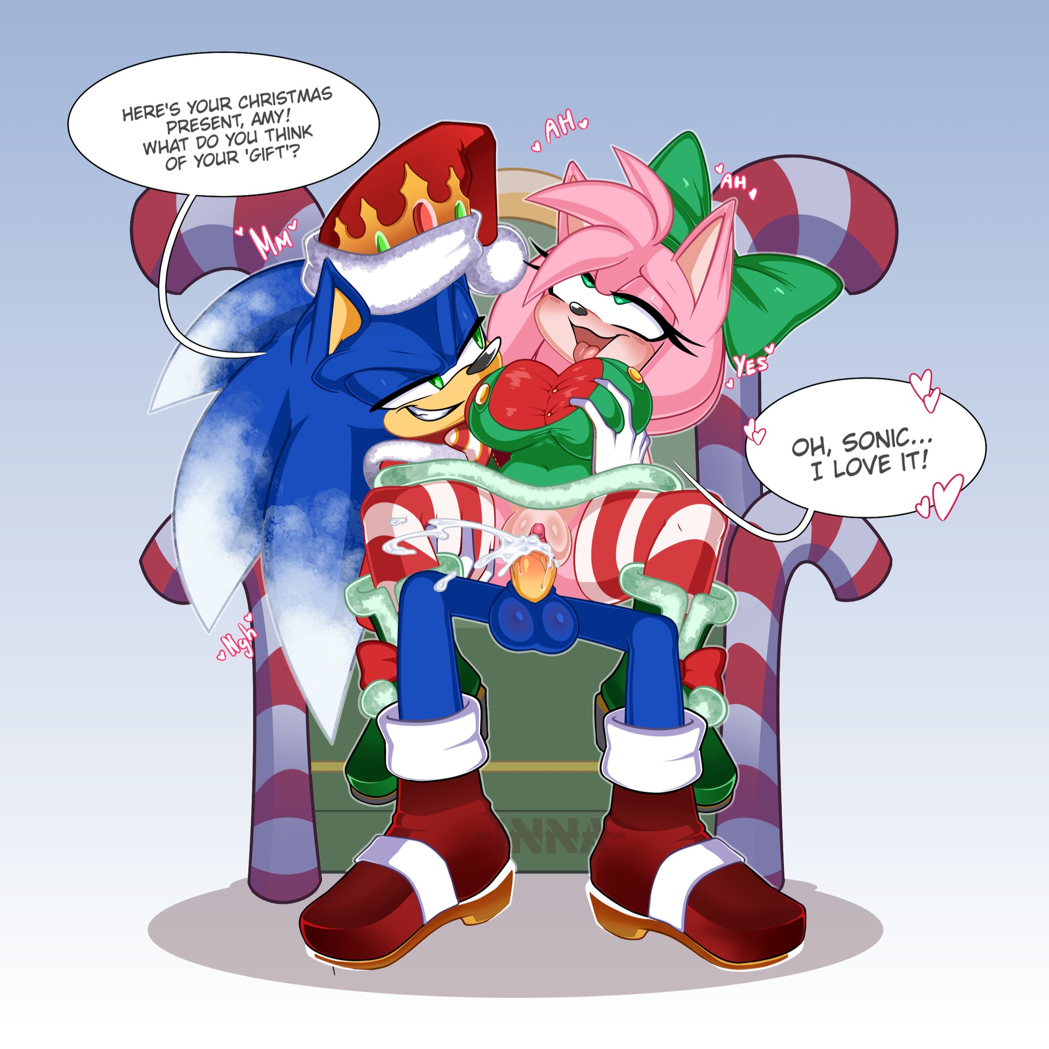 1boy, 1girls, amy rose, anthro, anthro female, anthro male, anthro on anthro, balls, big breasts, blue balls, blue fur, blush, boots, bow, breast grab, breast grab during sex, breasts, busty, cand1tty, chair, christmas, christmas clothing, christmas hat, christmas outfit, clothed, clothed female, clothed male, clothed sex, clothing, cock, cum, cum in pussy, cum inside, cumming, cumming while penetrating, cumshot, dialogue, dick, ejaculation, english dialogue, english text, erection, eulipotyphlan, female, fur, genitals, grabbing, grabbing another's breast, green eyes, hedgehog, holidays, huge breasts, jingle belle amy, large breasts, male, male/female, mammal, on lap, open mouth, partially clothed, penetration, penis, penis in pussy, pink fur, pussy, reverse cowgirl position, santa costume, santa hat, sega, sex, shirt, sitting, sitting on chair, sitting on lap, sitting on person, snow on head, snowdrift sonic, sonic (series), sonic forces speed battle, sonic the hedgehog, sonic the hedgehog (series), speech bubble, straight, straight sex, striped legwear, striped thighhighs, text, thighhighs, tongue, tongue out, vagina, vaginal penetration, vaginal sex