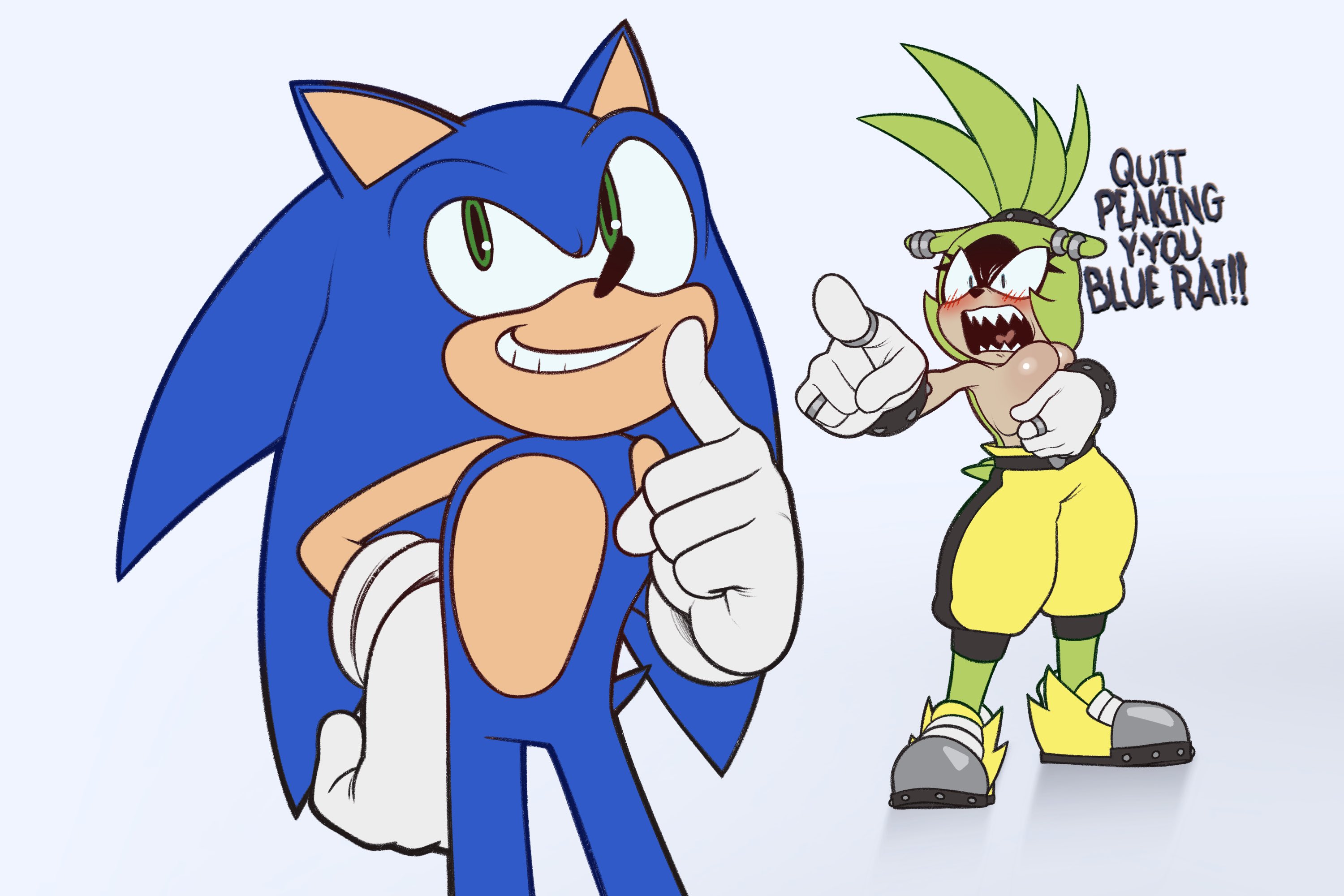 1boy, 1girls, angry, big breasts, blue fur, blush, breasts, breasts out, covering breasts, covering self, dialogue, earrings, english text, eulipotyphlan, female, fur, gloves, green eyes, green fur, grin, hedgehog, hiding breasts, huge breasts, idw comics, idw publishing, large breasts, male, mammal, palegarbo, pants, partially clothed, pointing, pointing at another, ring piercing, rings, sega, sharp teeth, shirtless, shoes, shouting, sonic (series), sonic the hedgehog, sonic the hedgehog (comics), sonic the hedgehog (idw), sonic the hedgehog (series), surge the tenrec, tail, tenrec, text, topless, white gloves