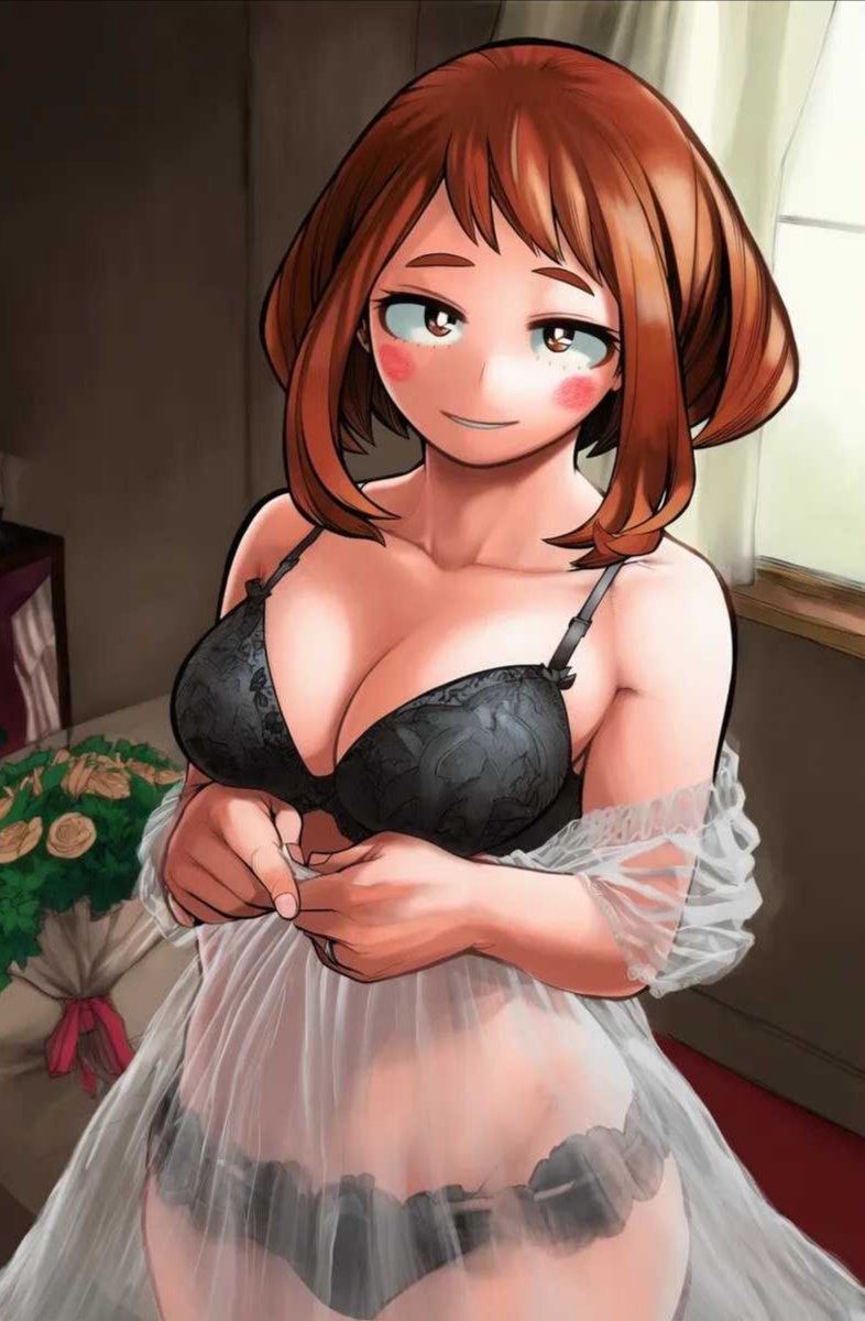1girls, ai generated, breasts, clothes removed, lingerie, my hero academia, ochako uraraka, smile, solo