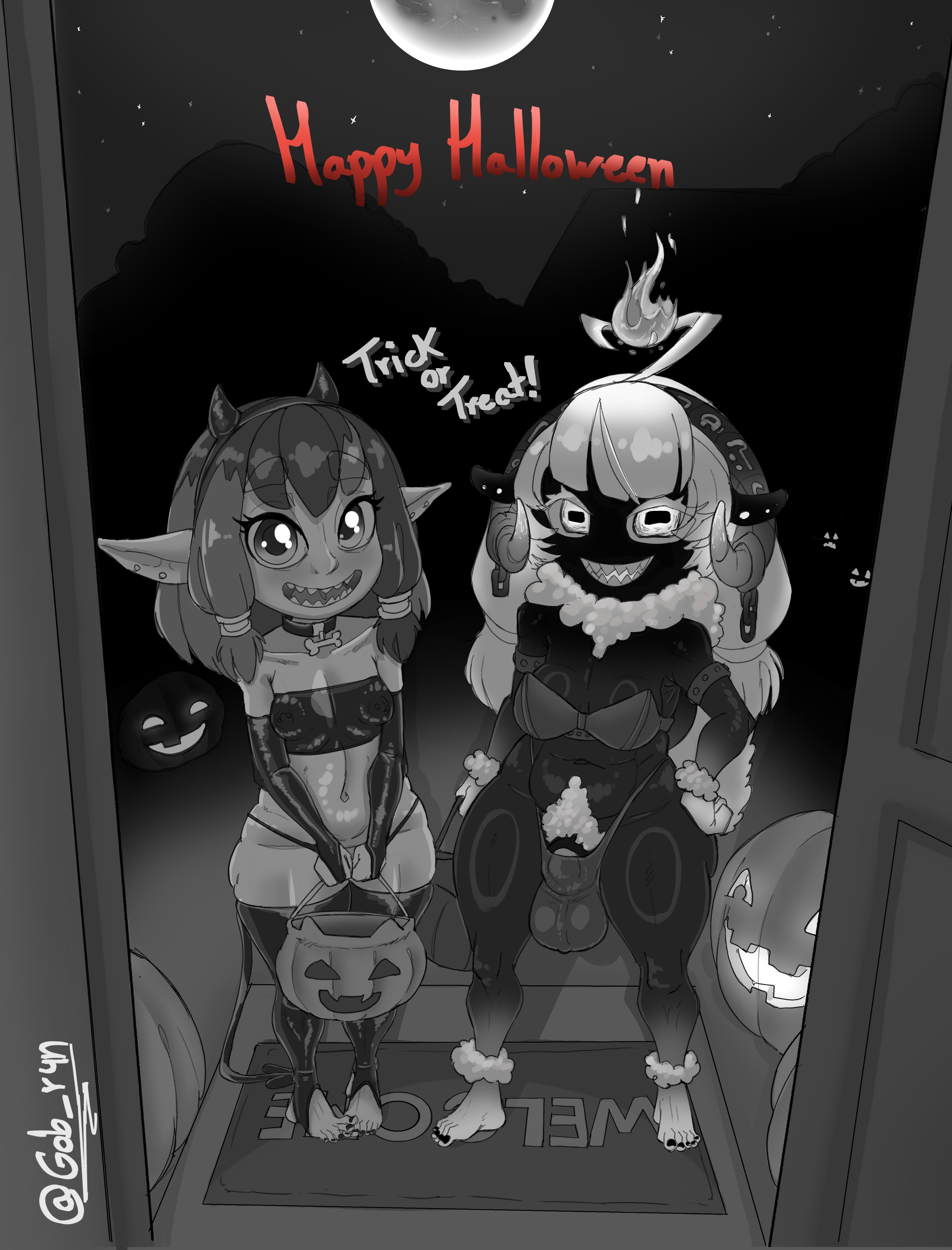 1futa, 1girls, 2025, balls, barefoot, big thighs, dark skin, dog collar, female, futanari, gob r4n, goblin female, halloween, halloween costume, horns, latex clothing, latex gloves, latex thighhighs, long ears, night, pubic hair, pumpkin, sheep, shiny skin, short hair, shortstack, sketch, small breasts, smiling, standing, thong, white hair