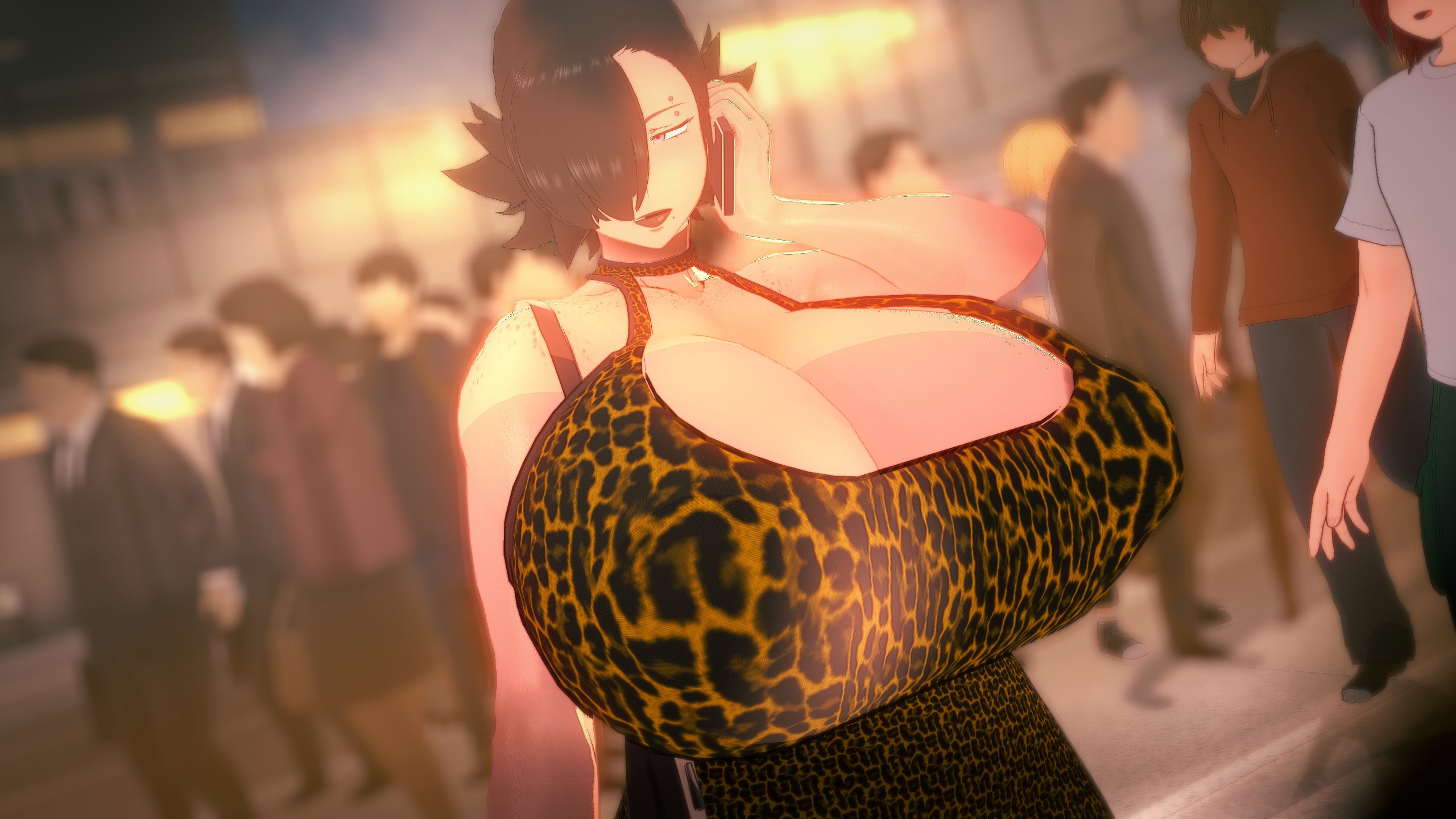 3d, 3d (artwork), 3d model, 3d render, 3dcg, avis (strangehero), avis wail (strangehero), black hair, choker, concerned, crowd, foghorn lewdhorn, hair covering eye, large breasts, leopard print, leopard print dress, phone, purse, strangehero, tagme
