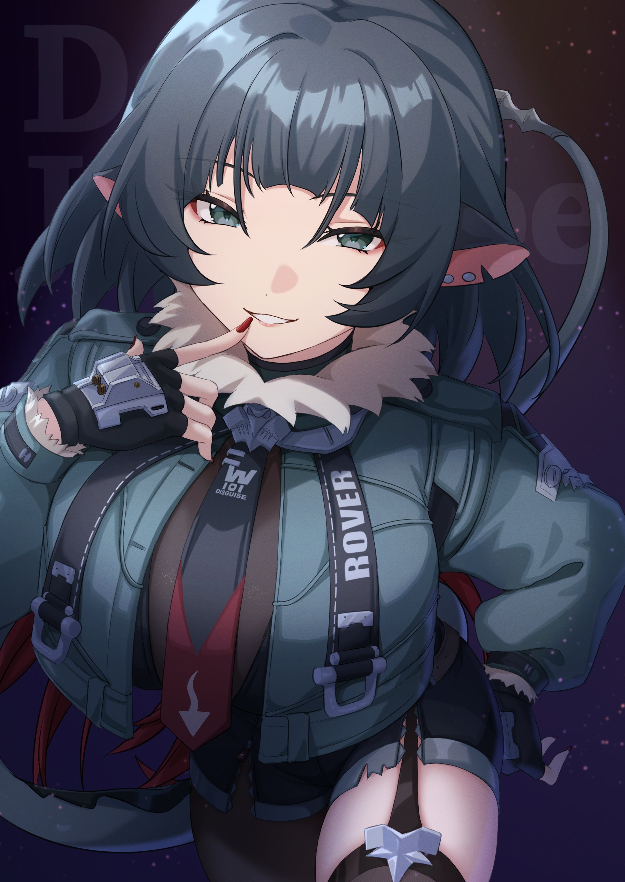 1girls, absurdres, animal ears, big breasts, black gloves, black hair, black necktie, black shorts, blue eyes, breasts, comiket 107, commentary request, dark background, earrings, female, female only, finger to mouth, fingerless gloves, fur trim, fur-trimmed jacket, garter straps, gloves, grey jacket, high-waist shorts, highres, jacket, jane doe (zenless zone zero), jewelry, kirima (kirim ld 0617), kirima (user danf8787), large breasts, leaning forward, long hair, long tail, looking at viewer, mouse ears, mouse girl, mouse tail, multicolored hair, necktie, notched ear, pantyhose, parted lips, red hair, red nails, red necktie, sharp tail, shorts, single garter strap, single leg pantyhose, single thighhigh, solo, tail, thighhighs, torn clothes, torn pantyhose, two-tone necktie, zenless zone zero