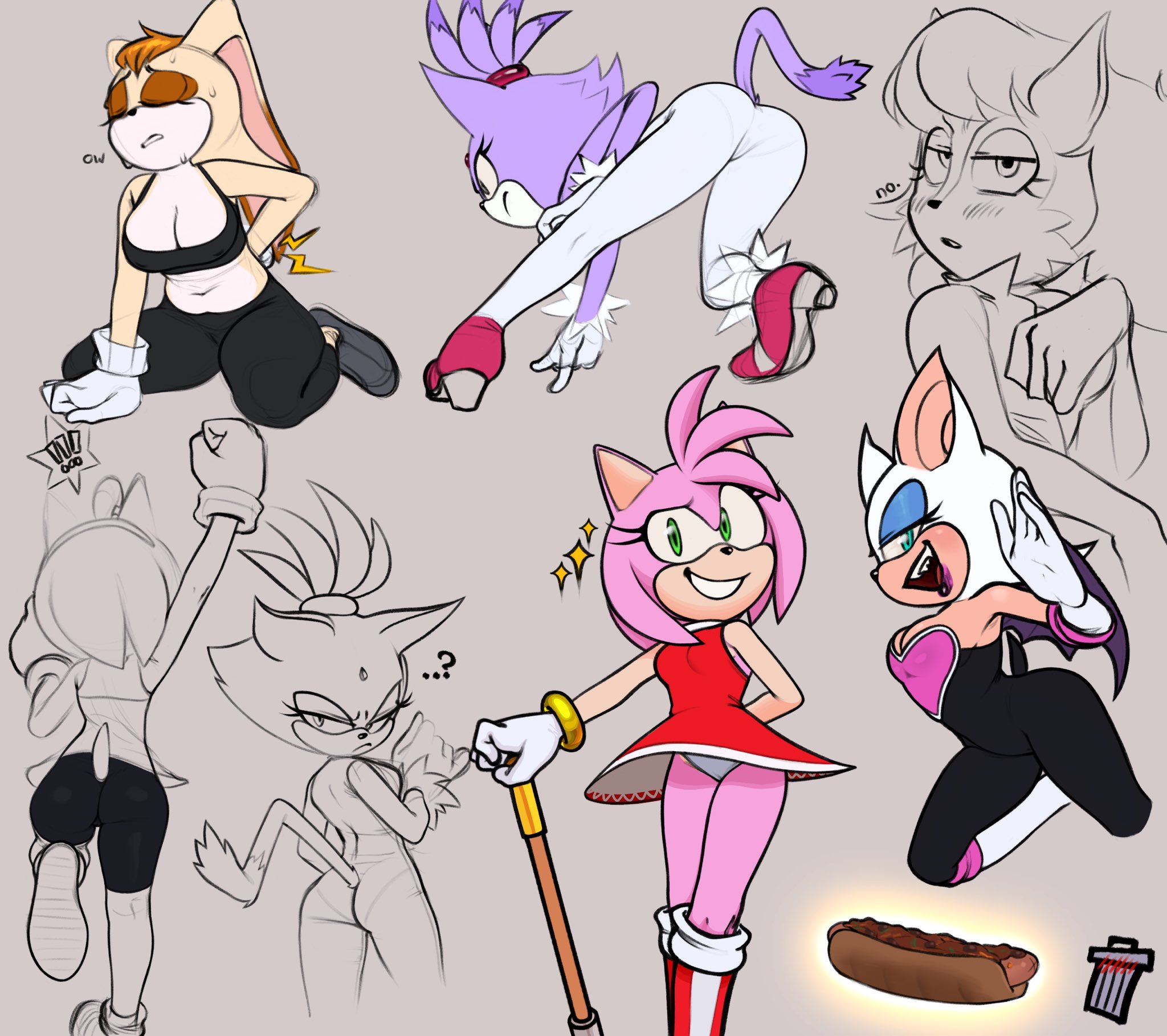 5girls, amy rose, anthro, anthro only, ass, back pain, bike shorts, blaze the cat, breasts, chili dog, cleavage, clothed, clothed female, clothing, dress, female, female only, fur, green eyes, hammer, leggings, palegarbo, panties, pink fur, purple fur, rear view, red dress, rouge the bat, sally acorn, sonic (series), sonic the hedgehog (series), sports bra, underwear, vanilla the rabbit, workout clothes, yoga pants