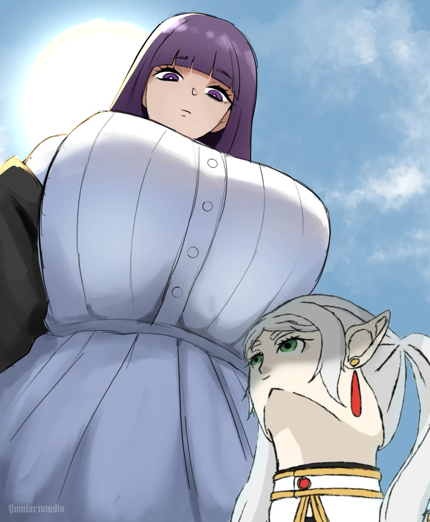 2girls, breasts, breasts bigger than head, breasts focus, female, female only, fern (sousou no frieren), frieren, huge breasts, low-angle view, meme, omniartstudio, sousou no frieren