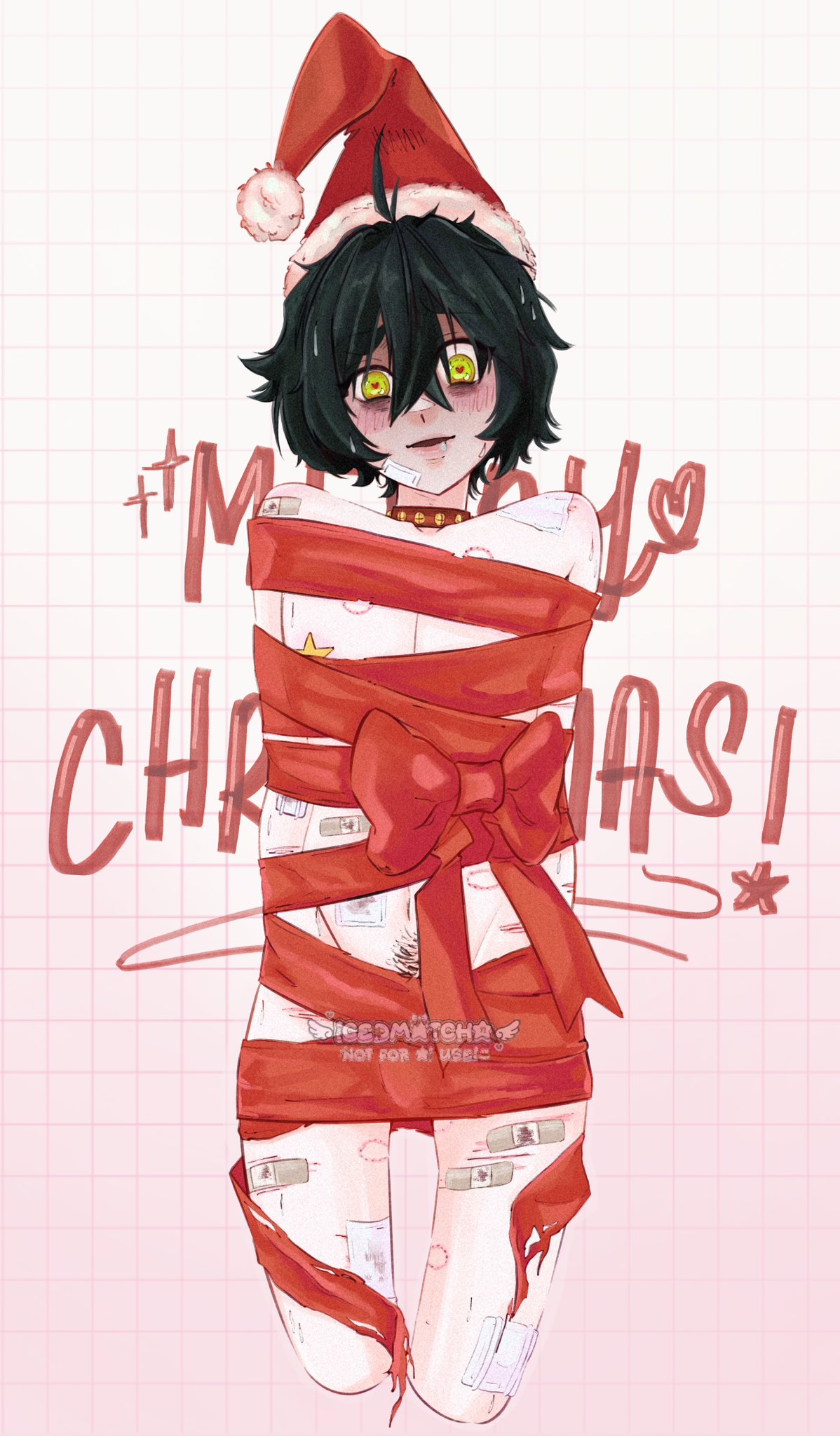 bite mark, black hair, blush, bondage, christmas, degrees of lewdity, femboy, green eyes, hickey, kylar (dol), male, male focus, male only, male yandere, ribbon, scars, self harm scars, solo male, submissive, submissive male, twink, yandere