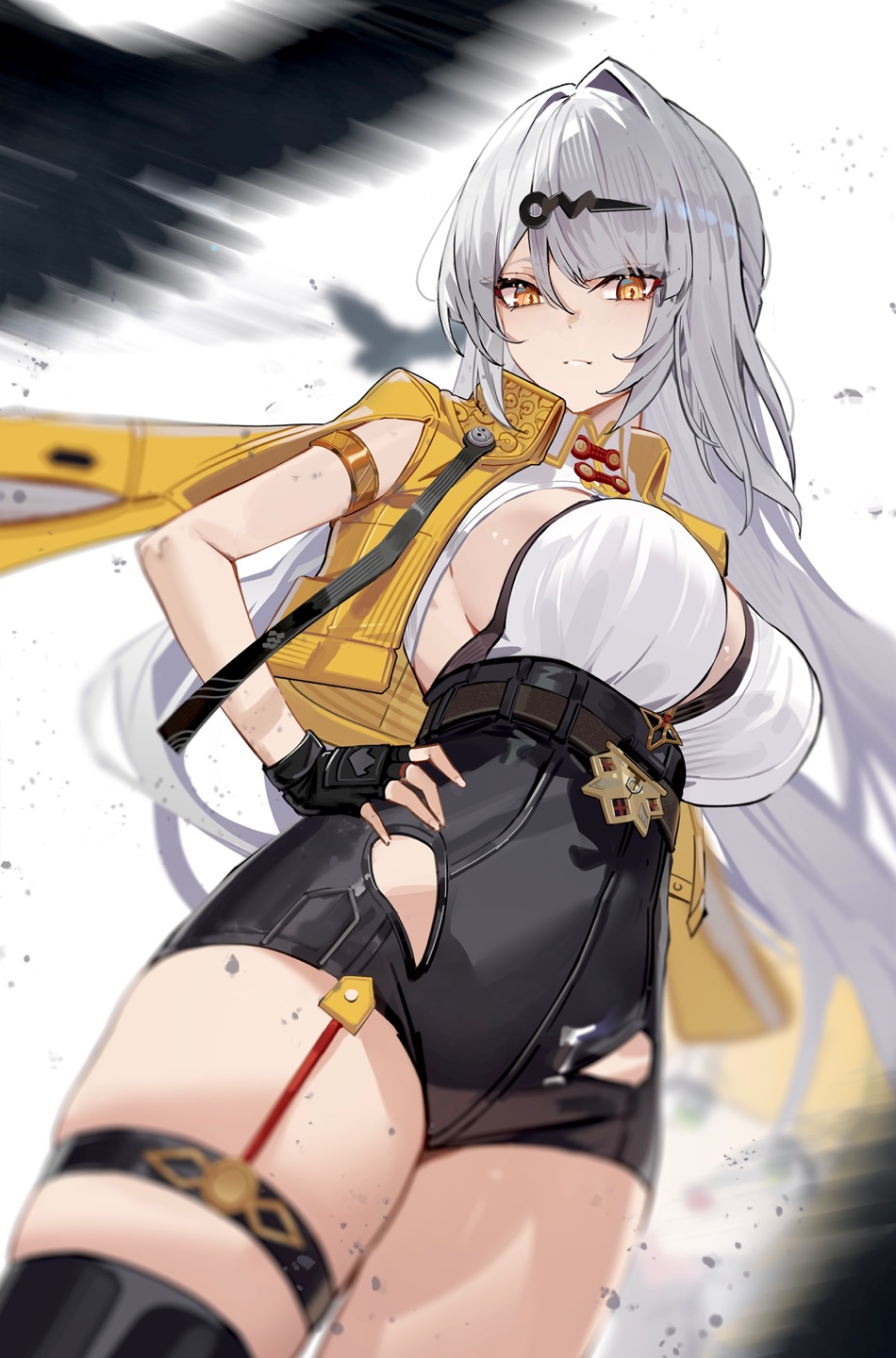 1girls, armlet, black gloves, black leotard, breasts, commentary, cropped jacket, female, female only, fingerless gloves, gloves, hair ornament, half-leotard, hand on own hip, highres, jacket, jewelry, large breasts, leotard, long hair, looking at viewer, maanu, orange eyes, orange jacket, parted lips, shirt, shirt tucked in, solo, symbol-only commentary, thighs, very long hair, white hair, white shirt, yixuan (zenless zone zero), zenless zone zero