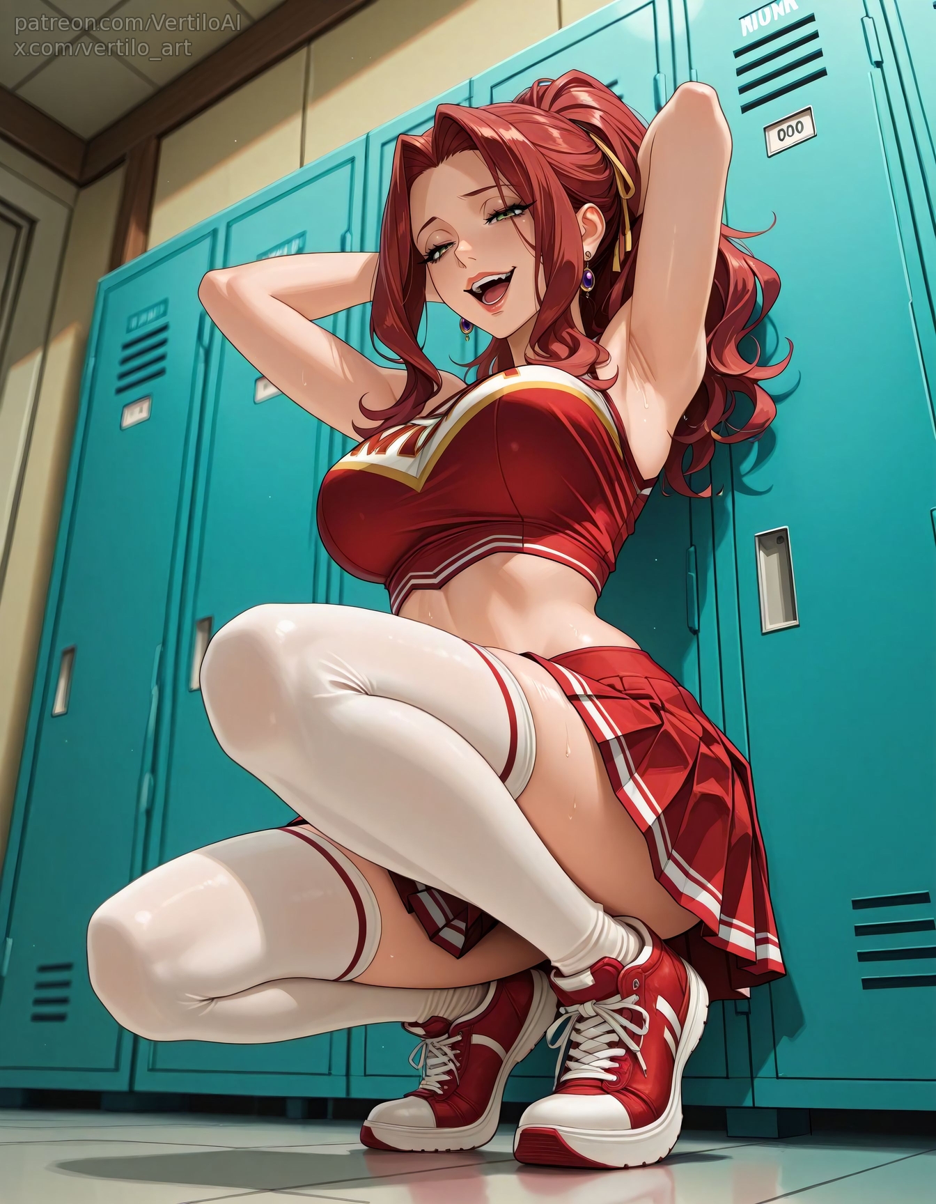 1girls, ai generated, arms behind head, cheerleader, cheerleader uniform, female, female only, large breasts, locker room, malty s melromarc, sneakers, stockings, the rising of the shield hero, thighhighs, vertiloart