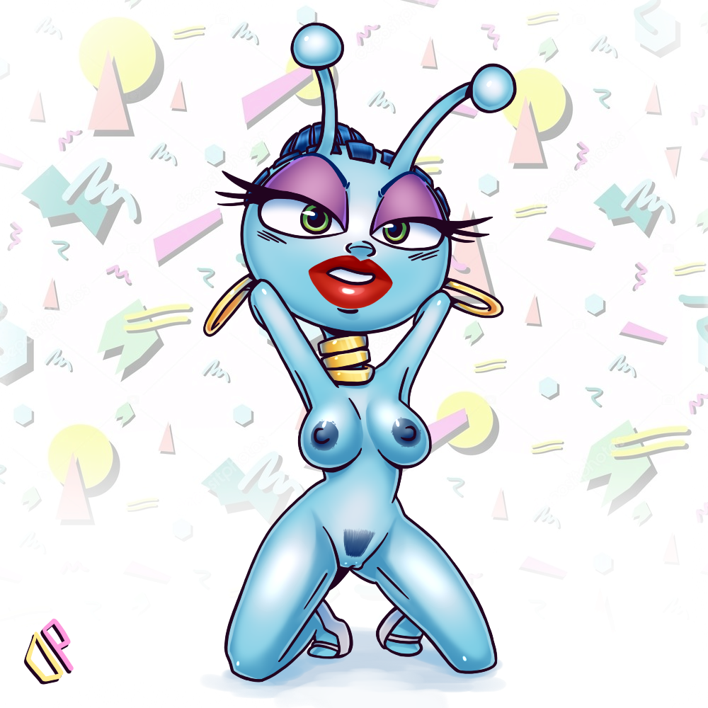 alien antennae areola blue_hair blue_skin boots breasts color darkpolygon earrings female female_only hair_bun heels latisha lipstick makeup martian necklace nipples nude pubic_hair pussy red_lipstick toejam_and_earl wristbands