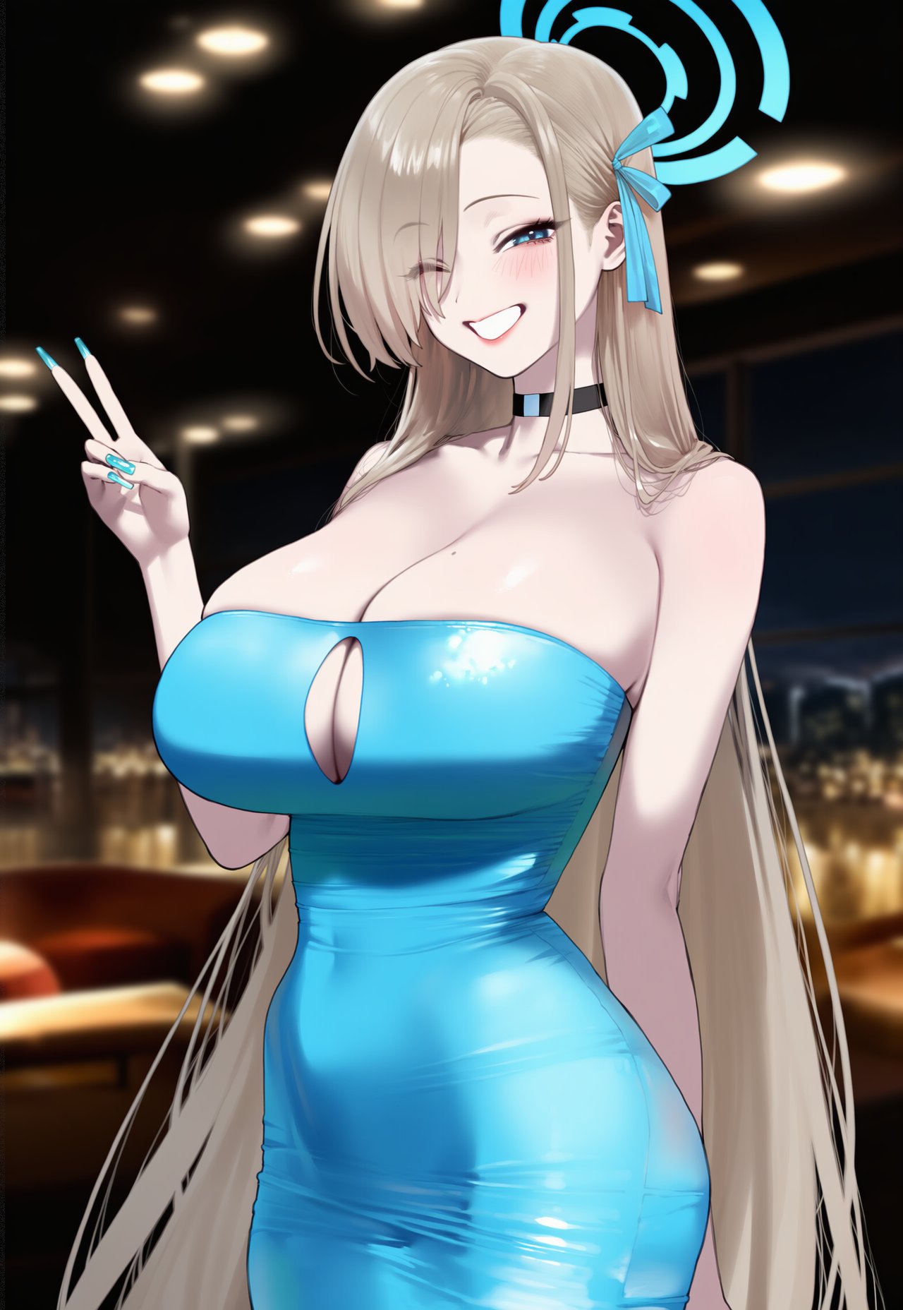 1girls, ai generated, ass, asuna (blue archive), blonde hair, blue archive, breasts, choker, collarbone, dress, female, grin, halo, hips, huge breasts, light skin, light-skinned female, long hair, looking at viewer, mole, mole on breast, navel, one eye closed, peace sign, smile, standing, thick thighs, thighs, truck kun, truck-kun art, v, wide hips