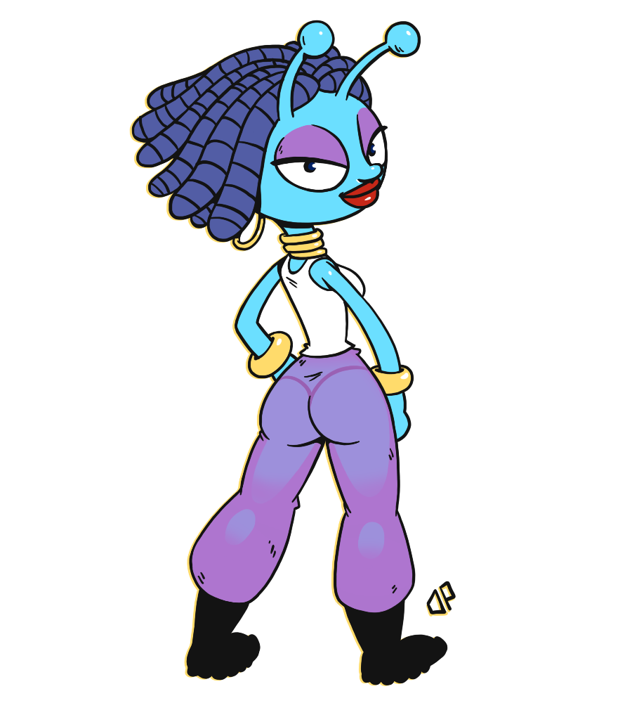 alien antennae blue_hair blue_skin boots breasts darkpolygon earrings latisha lipstick makeup martian necklace pants red_lipstick see-through tank_top thong toejam_and_earl wristbands