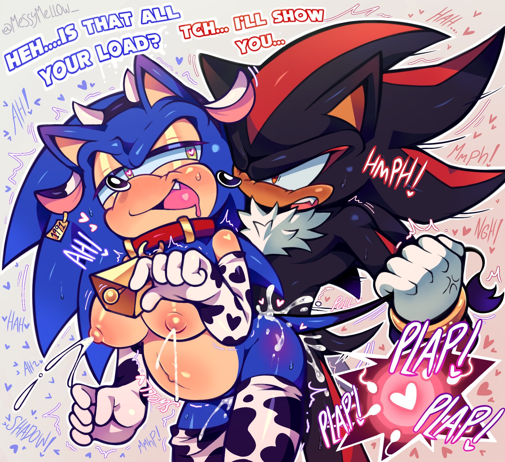 black fur, blue fur, breeding, breeding kink, cow print, cow stockings, cowkini, cum, cum inside, cumshot, cuntboy, cuntboy penetrated, cuntboy/male, dialogue, drool, drooling, gay, gay domination, heart eyes, heart-shaped pupils, lactation, male lactation, messy mell0w, milk, milk squirt, milking, milking breasts, pregnant cuntboy, pregnant male, pulling tail, red eyes, red stripes, shadow the hedgehog, sonadow, sonic (series), sonic adventure 2, sonic the hedgehog, sonic the hedgehog (series), tail pull, teasing, trans male, trans man, xray, xray view