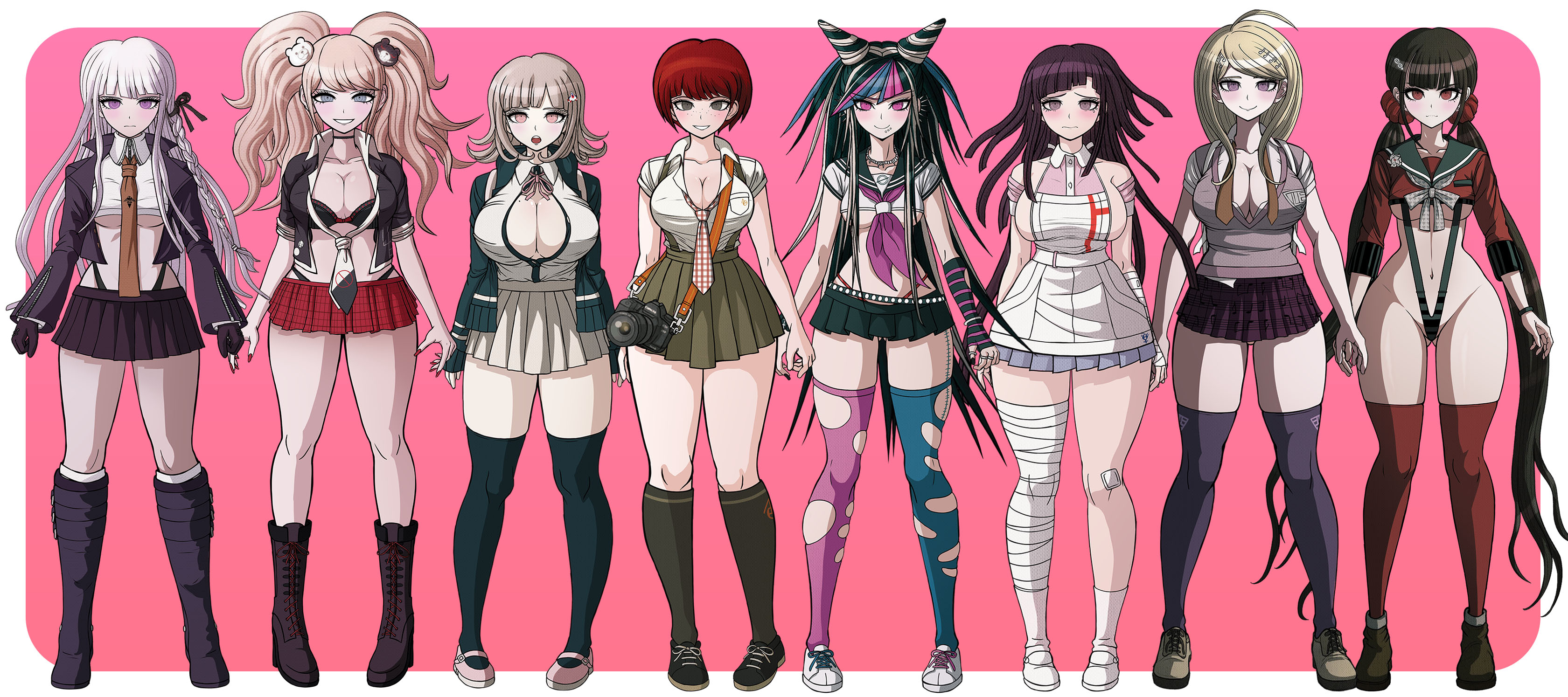 6+girls, 8girls, absurdres, ahoge, akamatsu kaede, bandages, bear hair ornament, blonde hair, blush, boots, bracelet, breasts, camera, cleavage, curvy, danganronpa, danganronpa (series), danganronpa 2: goodbye despair, danganronpa v3, danganronpa v3: killing harmony, danganronpa: trigger happy havoc, ear piercing, enoshima junko, female, female focus, female only, freckles, full body, gloves, gluteal fold, hair ornament, harukawa maki, highres, jewelry, junko enoshima, kirigiri kyoko, kirigiri kyouko, koizumi mahiru, large breasts, long hair, looking at viewer, matching hair/eyes, medium breasts, middinos, miniskirt, mioda ibuki, mole, mole on breast, mole under eye, multicolored hair, multiple girls, musical note, nail polish, nanami chiaki, necktie, nurse, panties, pantyshot, piercing, pink eyes, pink hair, purple eyes, purple hair, red eyes, red hair, ring, short hair, simple background, skindentation, skirt, slingshot swimsuit, sprite edit, streaked hair, swimsuit, tattoo, thick thighs, thighhighs, thighs, torn clothes, torn thighhighs, tsumiki mikan, twintails, underboob, underwear, very long hair