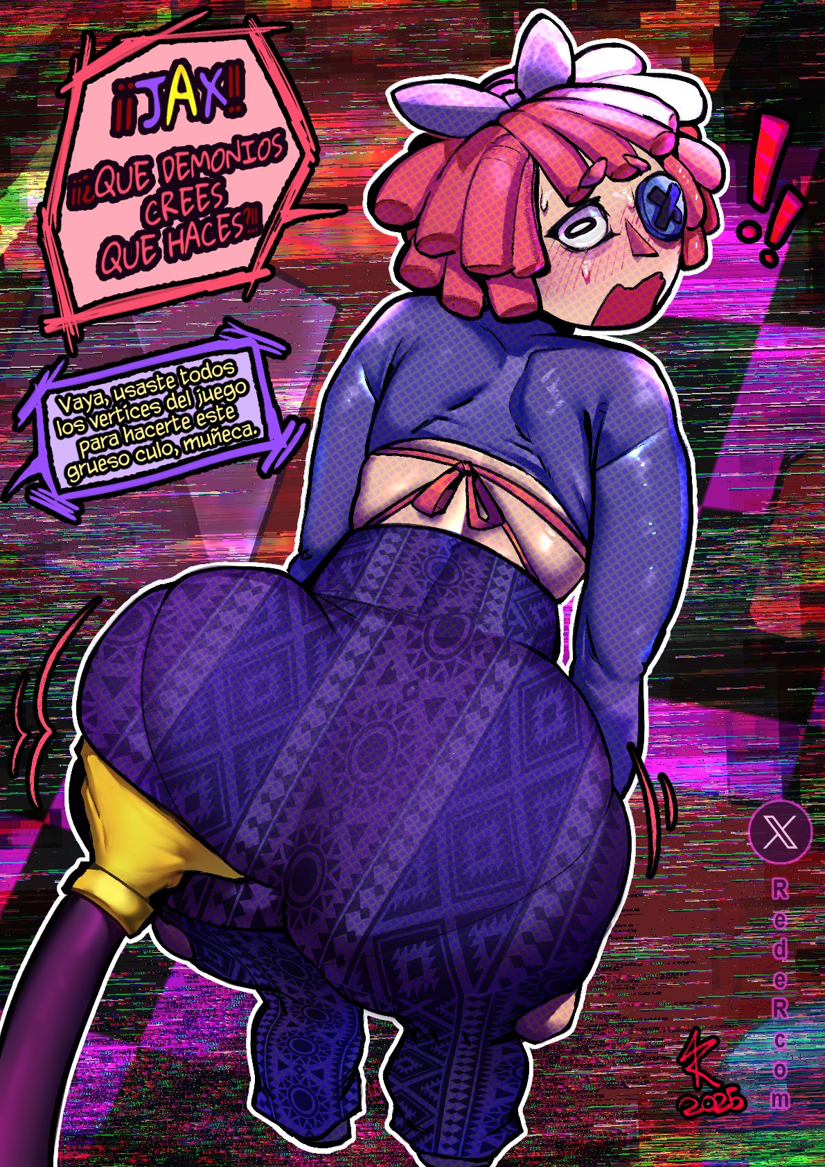 1boy, 1girls, 2025, ass, big ass, blue, blush, bubble butt, clothed, crop top, embarrassed, exclamation point, female, forbidden pants, from behind, glitch productions, gooseworx, groping, groping ass, groping from behind, jax (the amazing digital circus), male, offscreen male, ragatha (the amazing digital circus), reder, ribbon, short hair, spanish text, straight, surprised, sweating, the amazing digital circus, thick thighs, thighs, wide hips