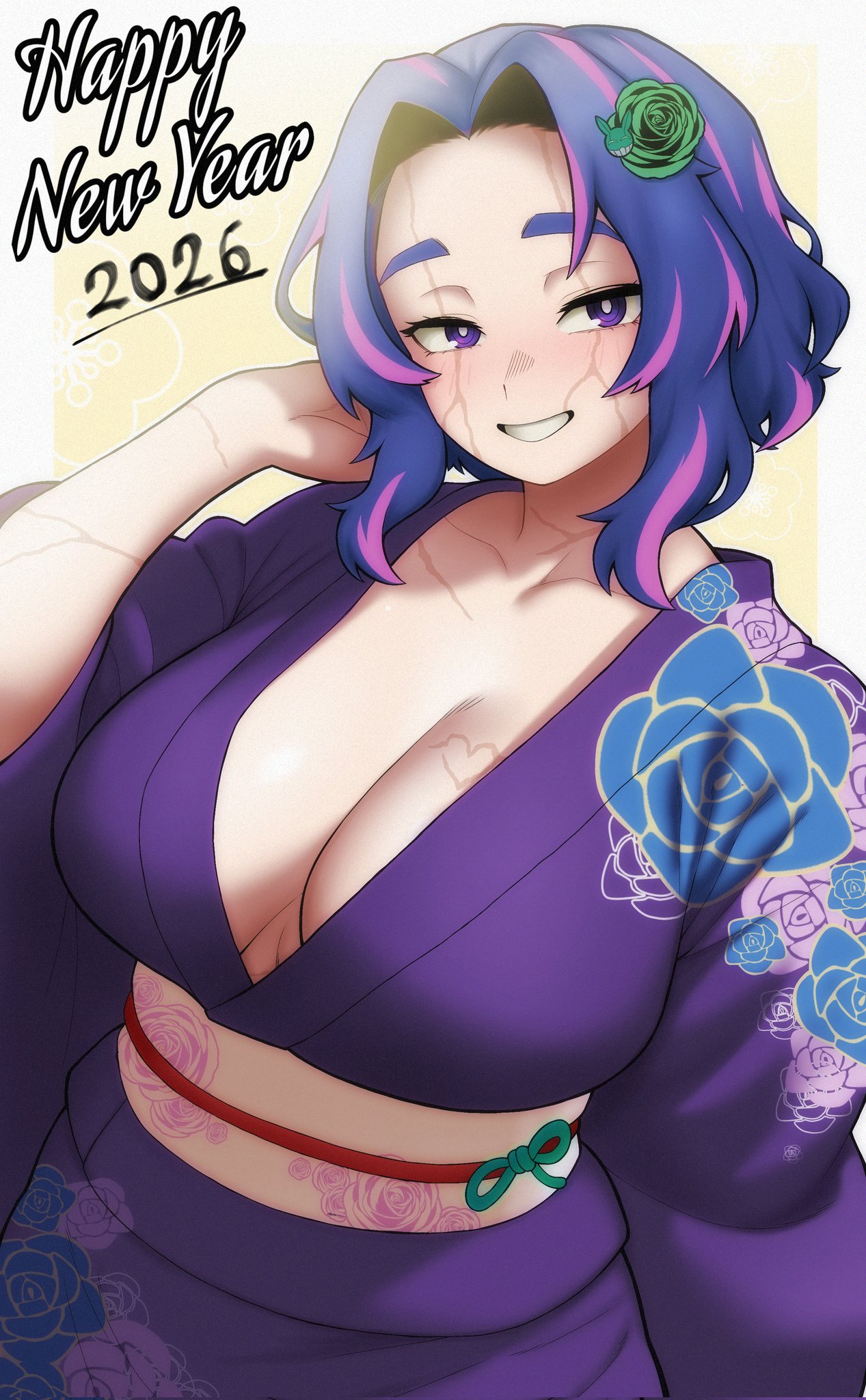 1girls, big breasts, blush, boku no hero academia, breasts, cleavage, collarbone, evoltodraw, female, female only, floral print, flower, gradient hair, grin, hair ornament, huge breasts, japanese clothes, kaina tsutsumi, kimono, lady nagant, large breasts, looking at viewer, multicolored hair, my hero academia, new year, new year 2026, pink hair, purple eyes, purple hair, rose, short hair, smile, solo, tsutsumi kaina, two-tone hair