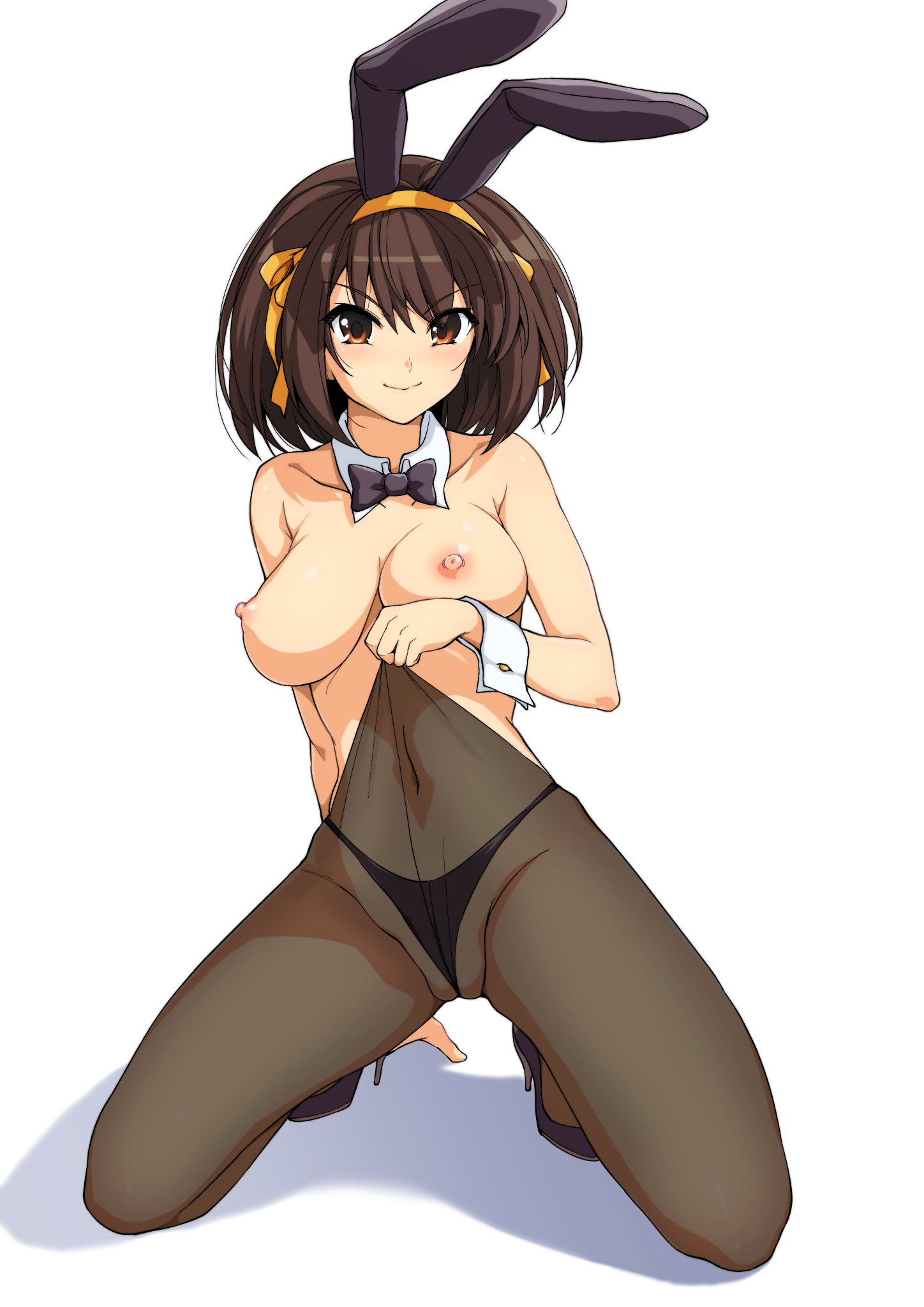 1girls, between labia, breasts, bunnysuit, fake animal ears, female, haruhisky, high heels, innie pussy, kneeling, medium breasts, nipples, panties, panties under pantyhose, pantyhose, pussy, short hair, smile, solo, suzumiya haruhi, suzumiya haruhi no yuuutsu, topless