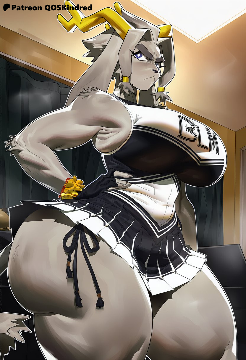 ai, ai art, ai assisted, ai generated, ai-created, angry face, anthro, armpits, black lives matter, cheerleader, cheerleader uniform, furry, grey fur, horn, pseudoregalia, qoskindred, sybil (pseudoregalia)