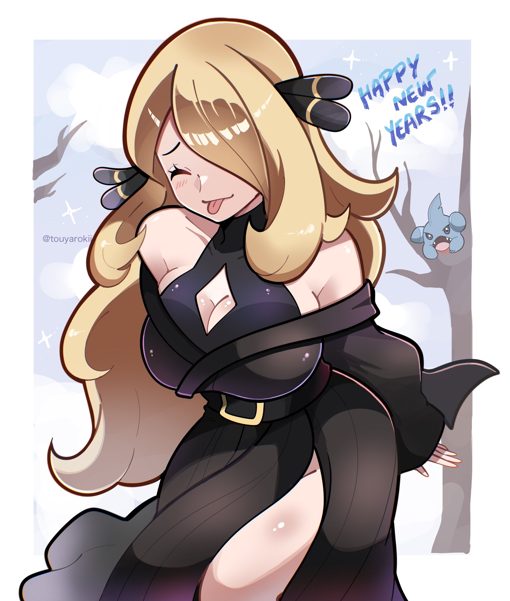 1girls, bare shoulders, big breasts, black bra, black hair ornament, black kimono, blonde hair, border, bra, breasts, cleavage, closed eyes, commentary, cynthia (pokemon), dress, english commentary, female, female only, gen 4 pokemon, gible, hair ornament, hair over one eye, happy new year, highres, japanese clothes, kimono, large breasts, long hair, new year, nintendo, off shoulder, pokemon, pokemon (species), pokemon dppt, solo focus, sparkle, sticking out tongue, sticking tongue out, tagme, tongue, tongue out, touyarokii, underwear, white border