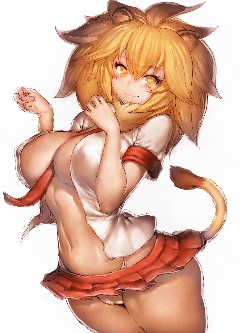 big_breasts breasts cleavage female female_only fumio_(rsqkr) kemono_friends large_breasts lion_(kemono_friends) looking_at_viewer panties skirt solo