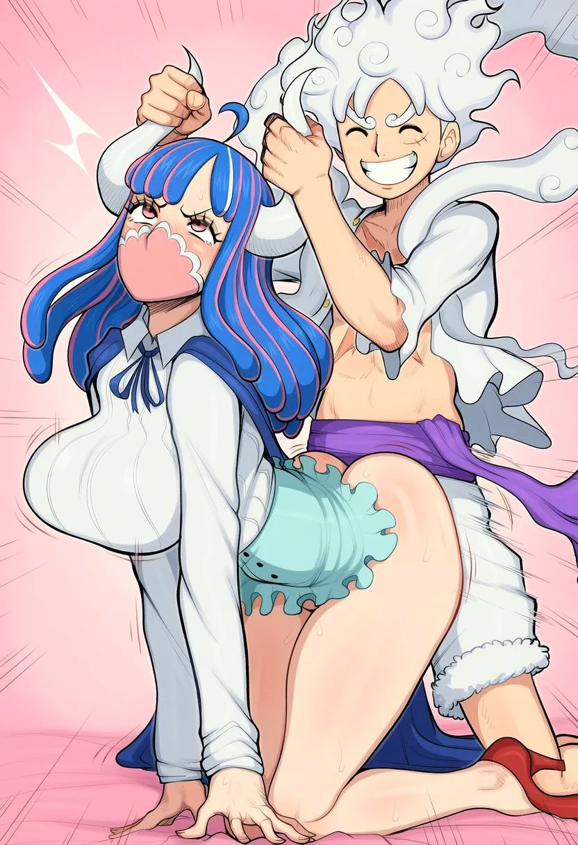 1boy, 1girls, abs, ai generated, ass, big breasts, blue hair, blue-haired female, blush, busty, clothed sex, fat ass, female, gear 5 luffy, legs, luffy, male, male/female, monkey d luffy, one piece, scar, scar on chest, sex, sex from behind, thick thighs, ulti (one piece), white hair, white-haired male