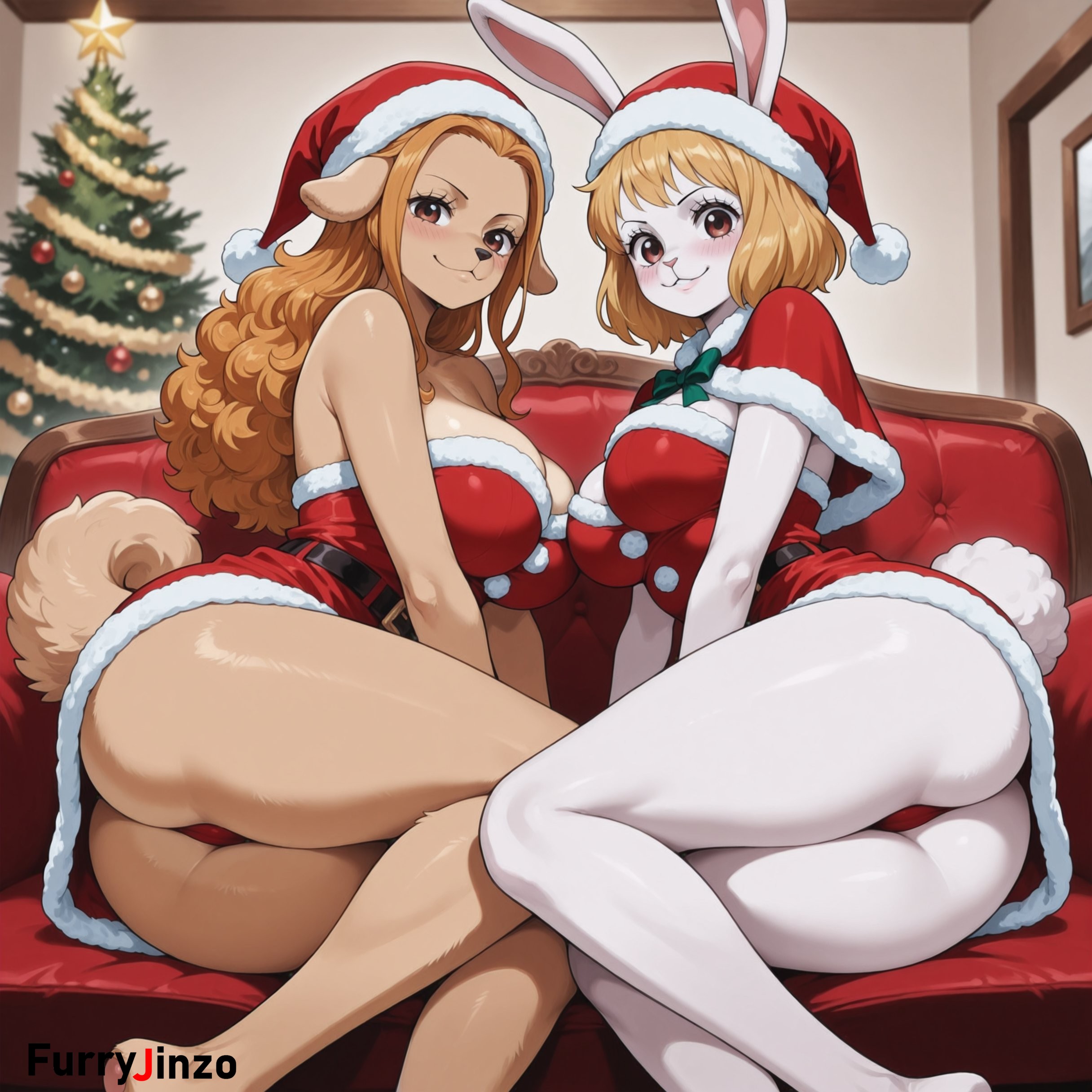 :3, 2girls, ai generated, animal ears, artist name, ass, bare shoulders, blush, breasts, brown eyes, brown fur, brown hair, capelet, carrot (one piece), christmas, christmas tree, cleavage, closed mouth, couch, dog ears, dog girl, dress, female, female only, fur trim, fur-trimmed headwear, furry, furry female, furryjinzo, hat, indoors, large breasts, long hair, looking at viewer, mink, multiple girls, one piece, panties, patreon username, rabbit ears, rabbit girl, rabbit tail, red eyes, red headwear, red panties, santa costume, santa dress, santa hat, short hair, smile, tail, thighs, underwear, wanda (one piece), white fur