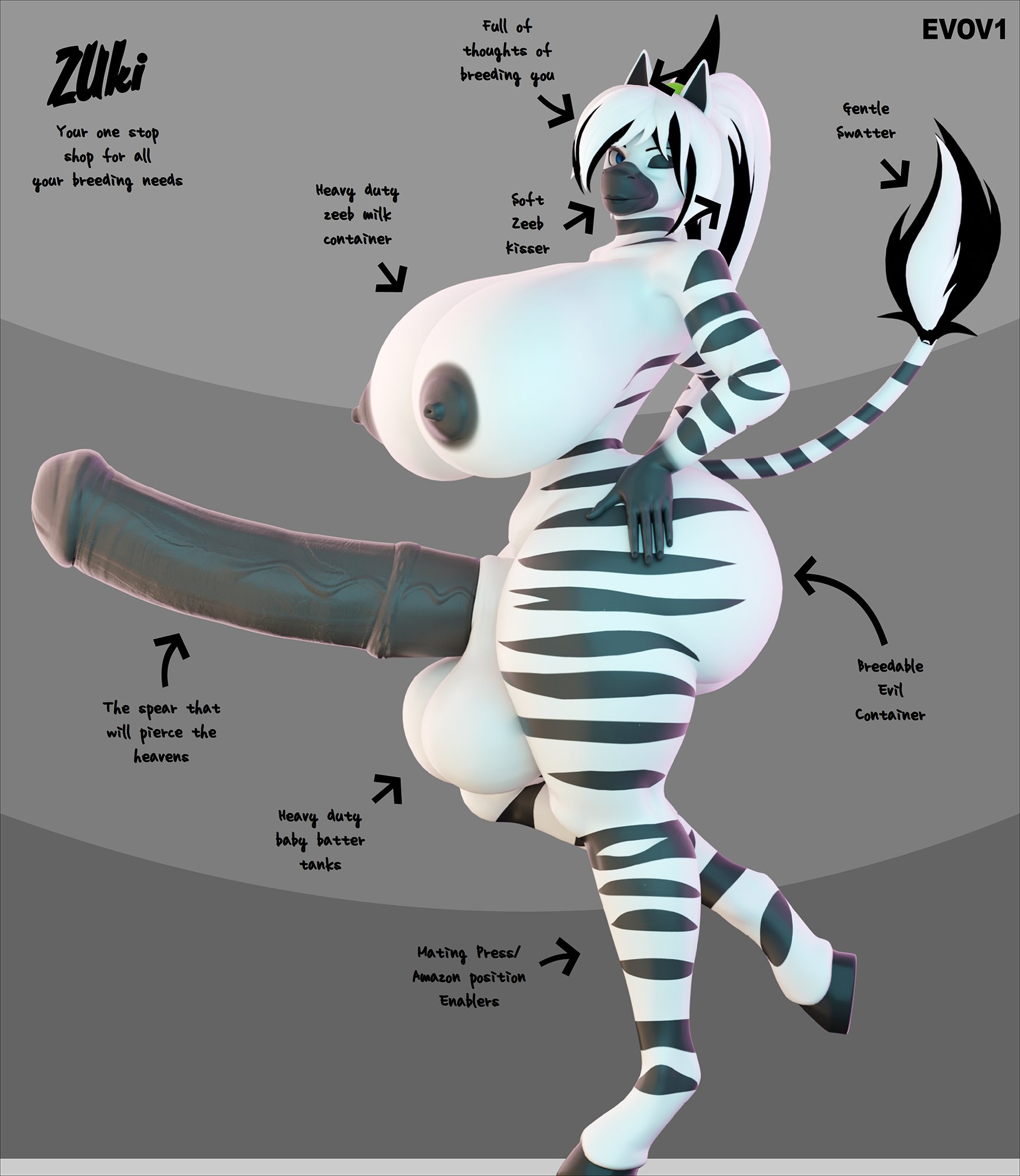 1futa, 2025, 3d, 3d (artwork), areolae, balls, black nipples, black penis, equine genitalia, equine penis, evov1, futa, futa only, futanari, high quality, high resolution, highres, horsecock, looking at viewer, nipples, striped body, tagme, white hair, yuki (evov1), zebra girl, zebra tail, zuki (evov1)