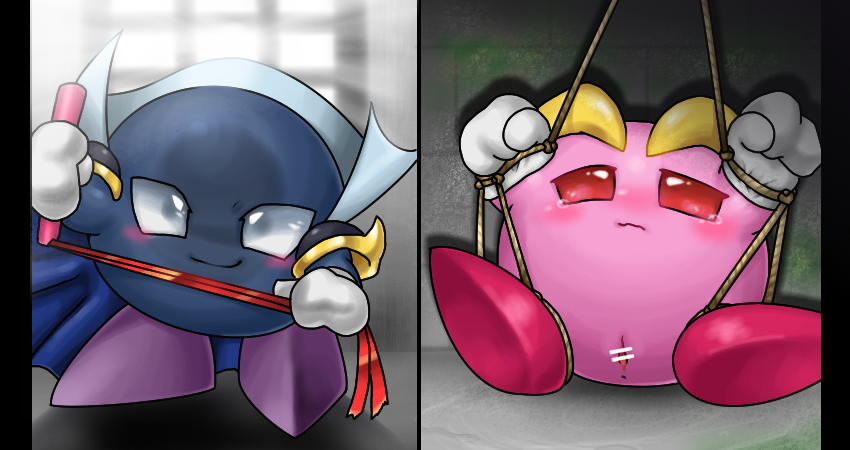 2016 ambiguous_gender blush bondage bound box_xod clothing domination duo female galacta_knight kirby_(series) meta_knight nintendo pussy rope rope_bondage smile video_games whip