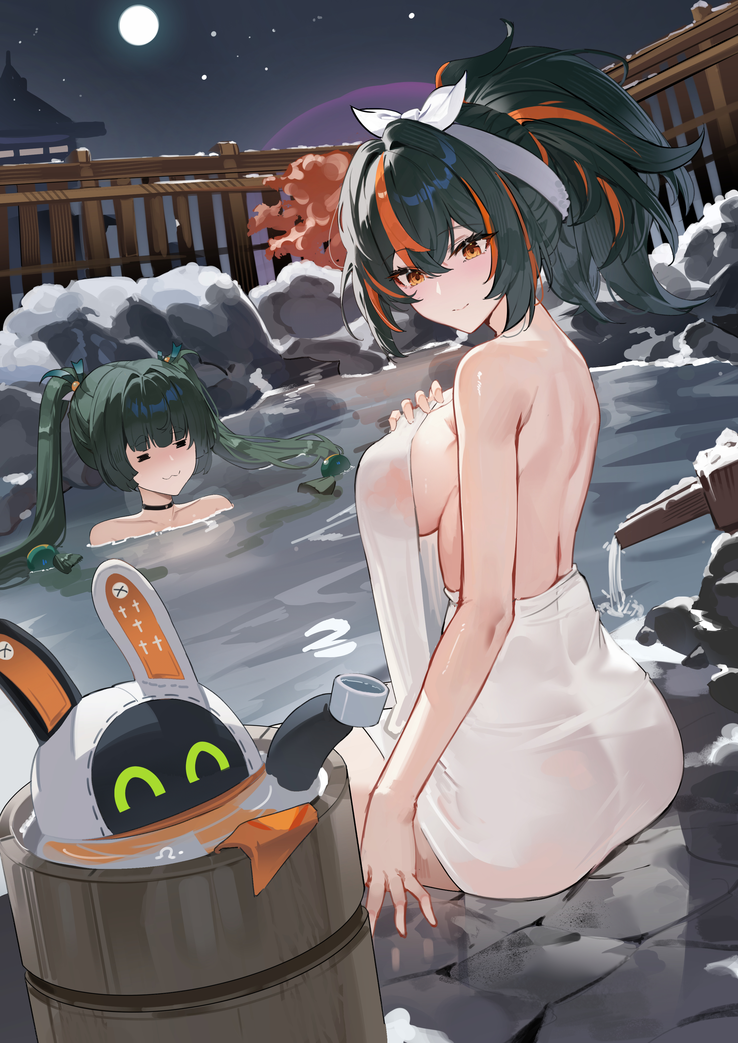 = =, 2girls, absurdres, bangboo (zenless zone zero), bathing, black hair, blush, breasts, closed mouth, commentary request, earrings, eous (zenless zone zero), female, female only, green hair, hair between eyes, highres, jewelry, long hair, looking at another, maanu, moon, multicolored hair, multiple girls, night, orange eyes, orange hair, outdoors, ponytail, qingyi (zenless zone zero), shared bathing, sideboob, sidelocks, sitting, sky, smile, streaked hair, twintails, two-tone hair, water, wet towel, zenless zone zero, zhu yuan
