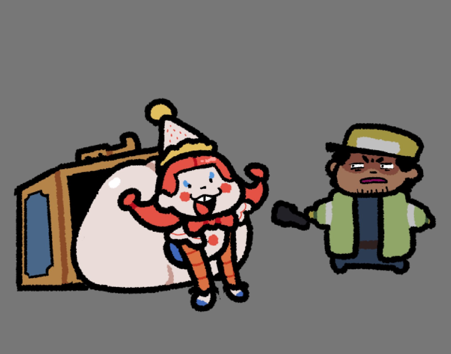 1boy, 1girls, animatronic, arnold (fnaf), clown, clown girl, five nights at freddy's, fnaf, huge ass, human, jackie (fnaf), massive ass, pepopepito7, secret of the mimic, stuck, stuck in object, tagme
