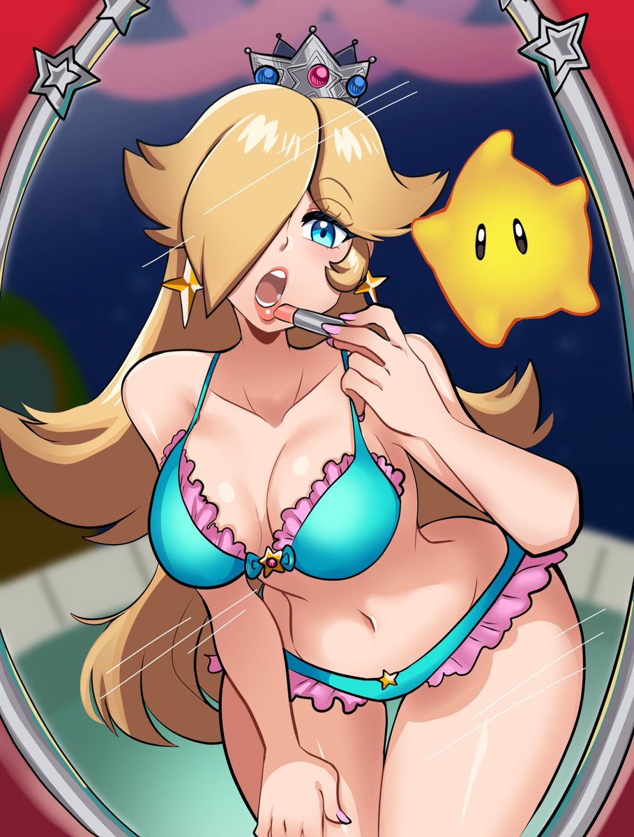 1girls, applying lipstick, applying makeup, blonde hair, blue eyes, breasts, cleavage, crown, earrings, female, female only, frills, hair over one eye, jewelry, lipstick, long hair, looking at viewer, luma, mario (series), missandydandy, nail polish, navel, open mouth, princess rosalina, rosalina, solo, sparkle, star (symbol), star earrings, super mario galaxy, thigh gap, underwear, wand