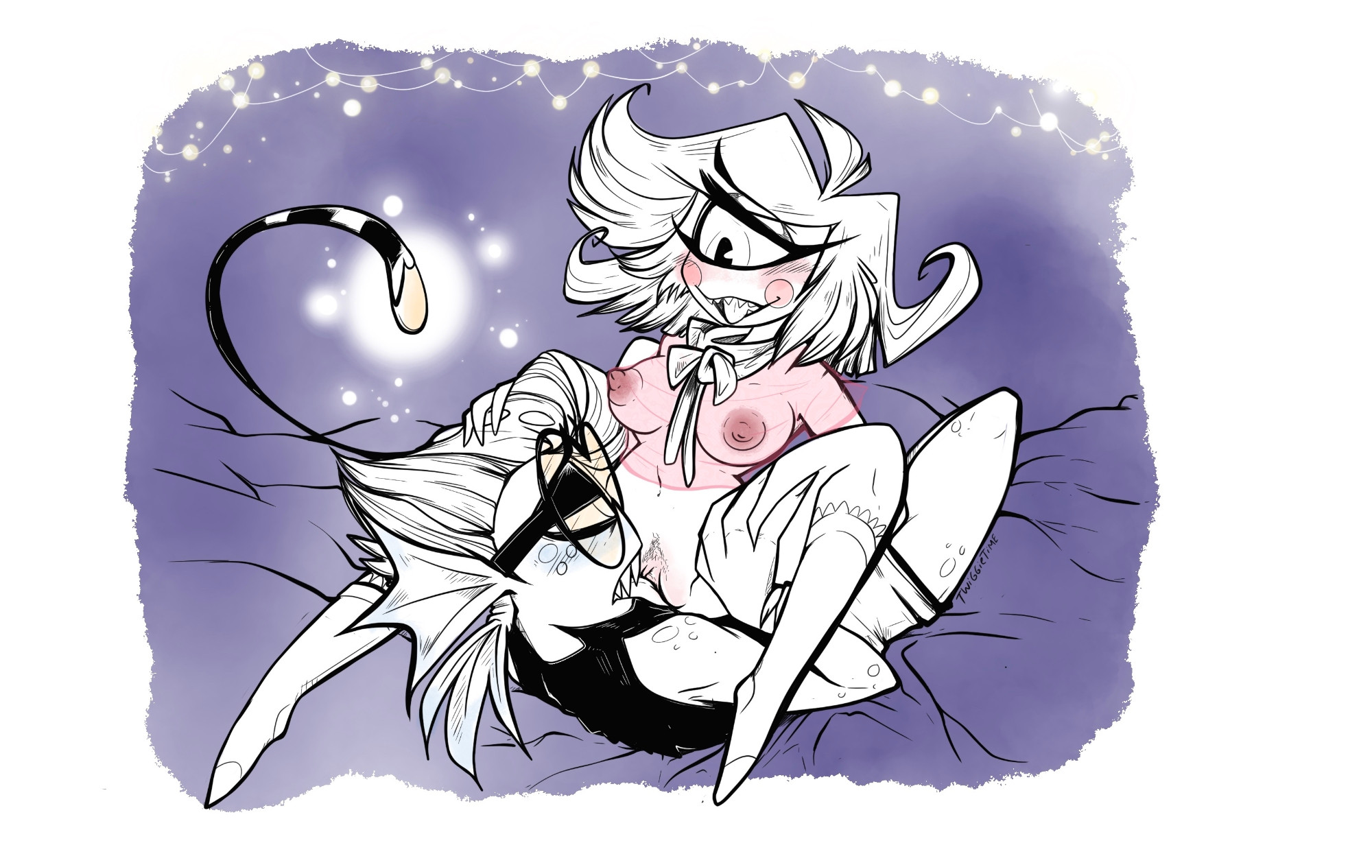 1boy, 1boy1girl, 1girls, 2025, 2d, baxter (hazbin hotel), bedding, bioluminescence, blush, blush lines, breasts, clitoris, clothing, color, cyclops, eating pussy, esca, female, fish, genitals, glasses, glasses on face, hazbin hotel, illicium, legs apart, legs spread, looking at another, lure (anatomy), male, niffty, nipples, nipples visible through clothing, oral sex, pubic hair, pussy, pussy eating, sex, sheets, stockings, tongue, tongue out, twiggietime, vagina, vaginal penetration, vivienne medrano, watermark