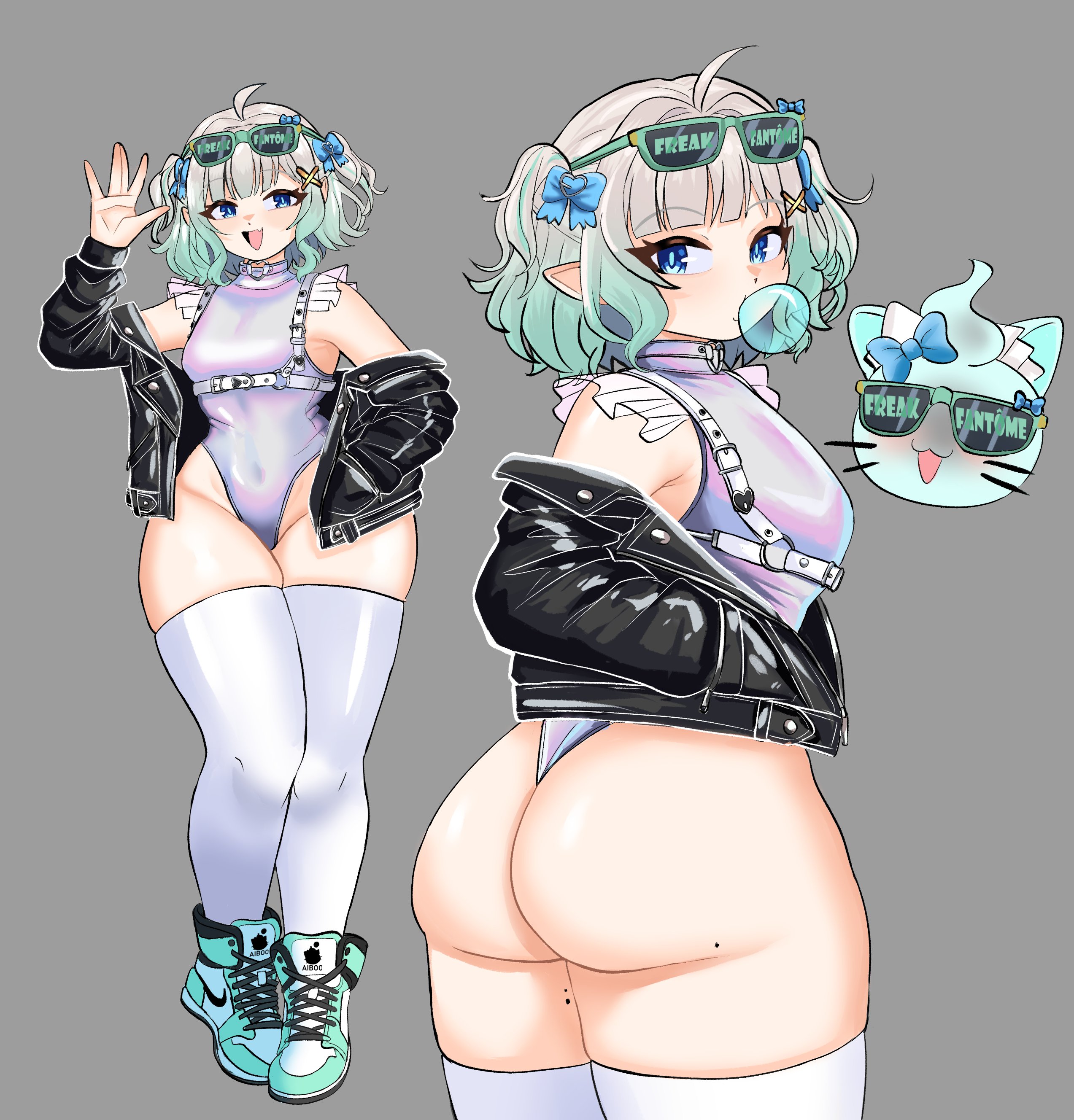 absurdres, ahoge, ass, ass focus, black jacket, blue eyes, chewing gum, densetsu.exe, eyewear on head, fan mascot (vtuber), female, ghost, ghost girl, green hair, highres, indie virtual youtuber, jacket, leotard, maid mint, mint fantome, mole, mole on ass, peagade, pointy ears, sunglasses, thick thighs, thighhighs, thighs, virtual youtuber, white hair