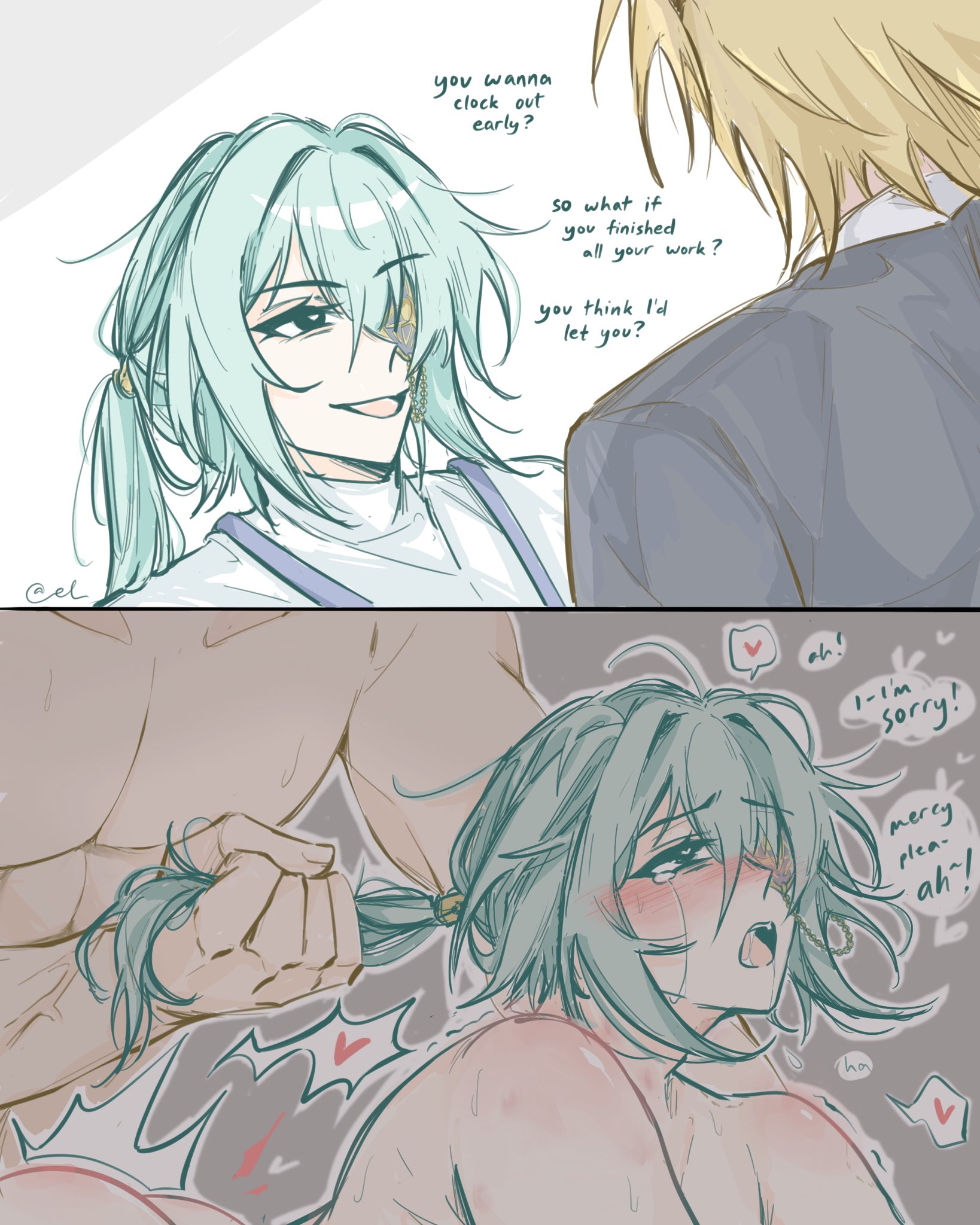 2boys, anaxa (honkai: star rail), begging, begging for mercy, bite mark, brat, brat taming, bratty, bratty correction, crying, gay, heart-shaped pupils, holding hair, honkai: star rail, khaslana (honkai: star rail), male, male only, moaning, phainon (honkai: star rail), pulling hair, rough sex, yaoi