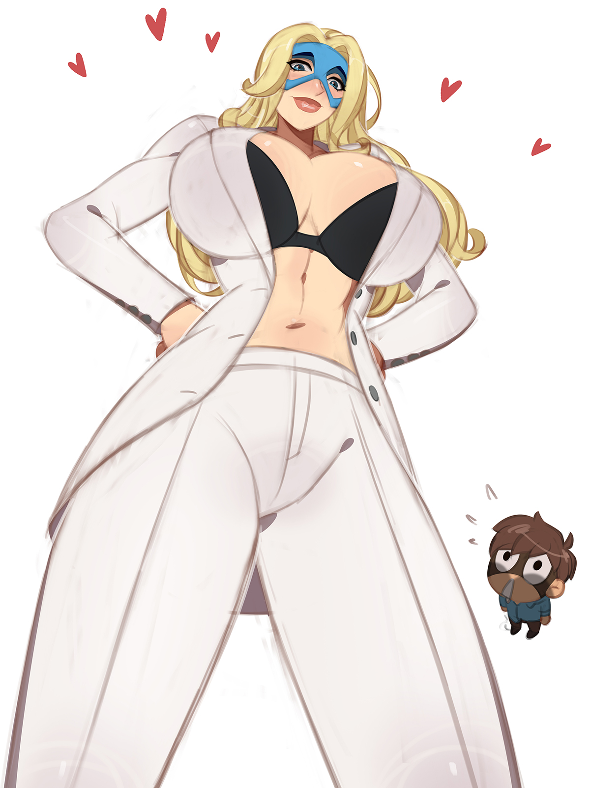1boy, 1boy1girl, 1girl1boy, 1girls, 2d, 2d (artwork), 2koma, black bra, blonde blazer, blonde female, blonde hair, blue eyes, blue thigh boots, bra, brown hair, bulge, bulge through clothing, cape, dialogue, dispatch (game), female, gloved hands, gloves, half mask, hugging, kissing, kyopink, long gloves, long hair, long hair female, long-haired, male, male/female, mask, masked female, necklace, no sex, office, pants, robert robertson, shirt open, short hair, straight, superhero, superhero costume, superhero mask, superheroine, tagme, thigh boots, thought bubble