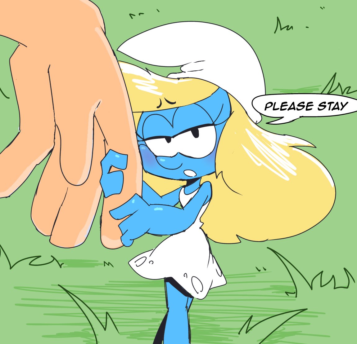 1boy, 1boy1girl, 1girls, 2d, 2d (artwork), asking to stay, big eyes, big nose, bigger male, blonde female, blonde hair, blue, blue skin, blue-skinned female, blush, blushing at viewer, blushing female, cartoon, cartoony, clothed, clothed female, cute, cute face, cute female, dialogue, dialogue bubble, dress only, eyelashes, female, female focus, giant, giant male, giant pov, grass, grass field, hand hold, hand holding, handholding, holding, holding finger, holding hand, hug, huge size difference, hugging, hugging another, hugging finger, hugging hand, in love, in love with viewer, light skin, light-skinned male, long hair, loving, loving gaze, male pov, malepov, no sex, non nude, petite, petite body, petite female, pov, pov eye contact, pov hand, pov hug, romantic, romantic gazing, rubbing, rubbing face, rubbing finger, rubbing hands, sad, sad expression, sad look, safe, safe for work, size difference, slight blush, small female, smaller female, smurf, smurfette, smurfs, sweet, talking to viewer, taller male, text, text bubble, the smurfs, tiny female, tornad0tommy, twitter, twitter link, white dress, white hat, white mouth, wholesome, wholesome hug