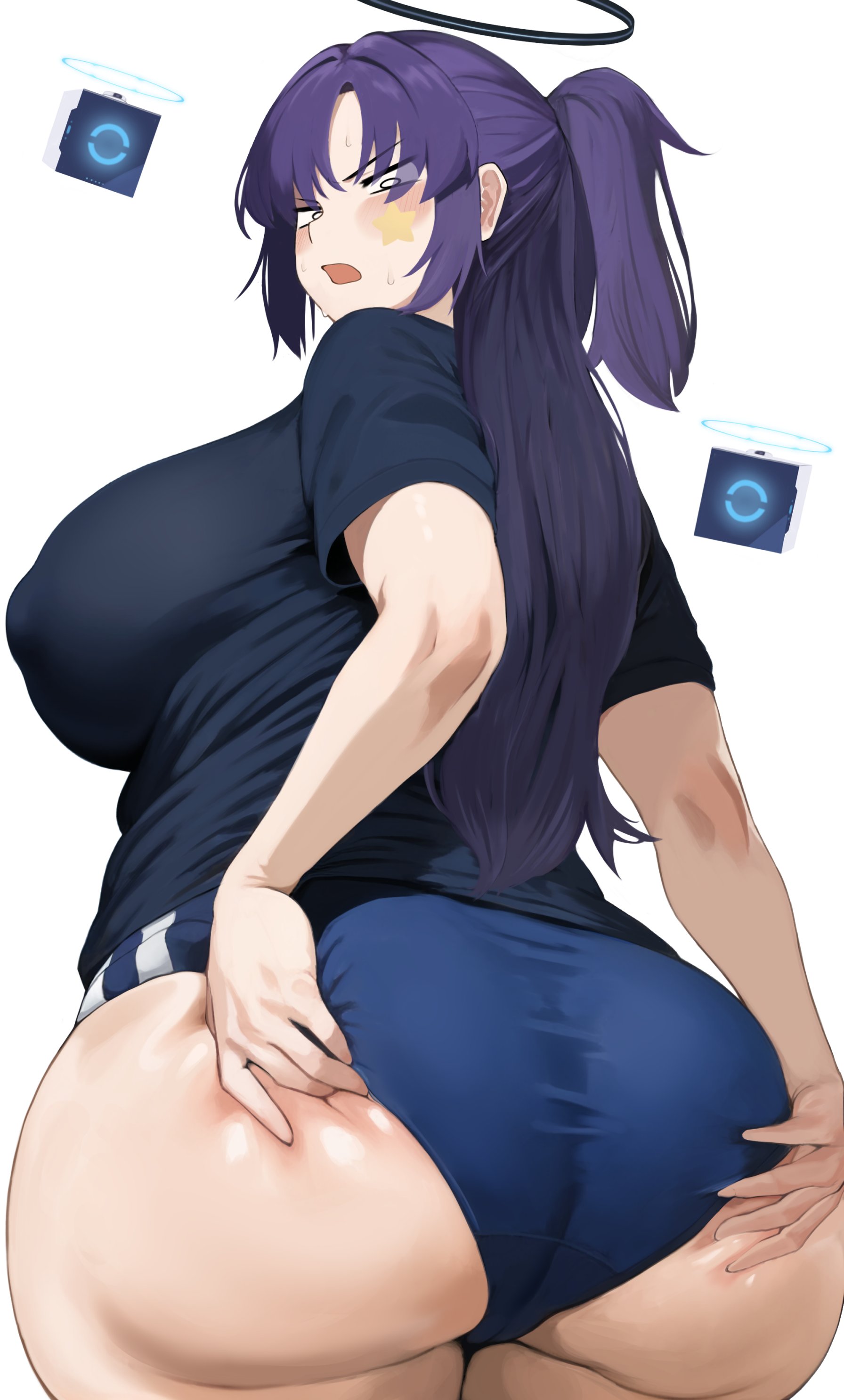 2024, absurdres, ass, blue archive, blue buruma, blue short, blue shorts, blush, breasts, buruma, cameltoe, drone, embarrassed, female, from behind, gym shirt, gym shorts, halo, hands on own ass, highres, huge ass, large breasts, long hair, looking back, nohohon, open mouth, ponytail, purple hair, shirt, short shorts, shorts, skindentation, solo, standing, star (symbol), star sticker, sticker, sticker on face, sweat, t-shirt, white background, white eyes, wide hips, yuuka (blue archive), yuuka (track) (blue archive)